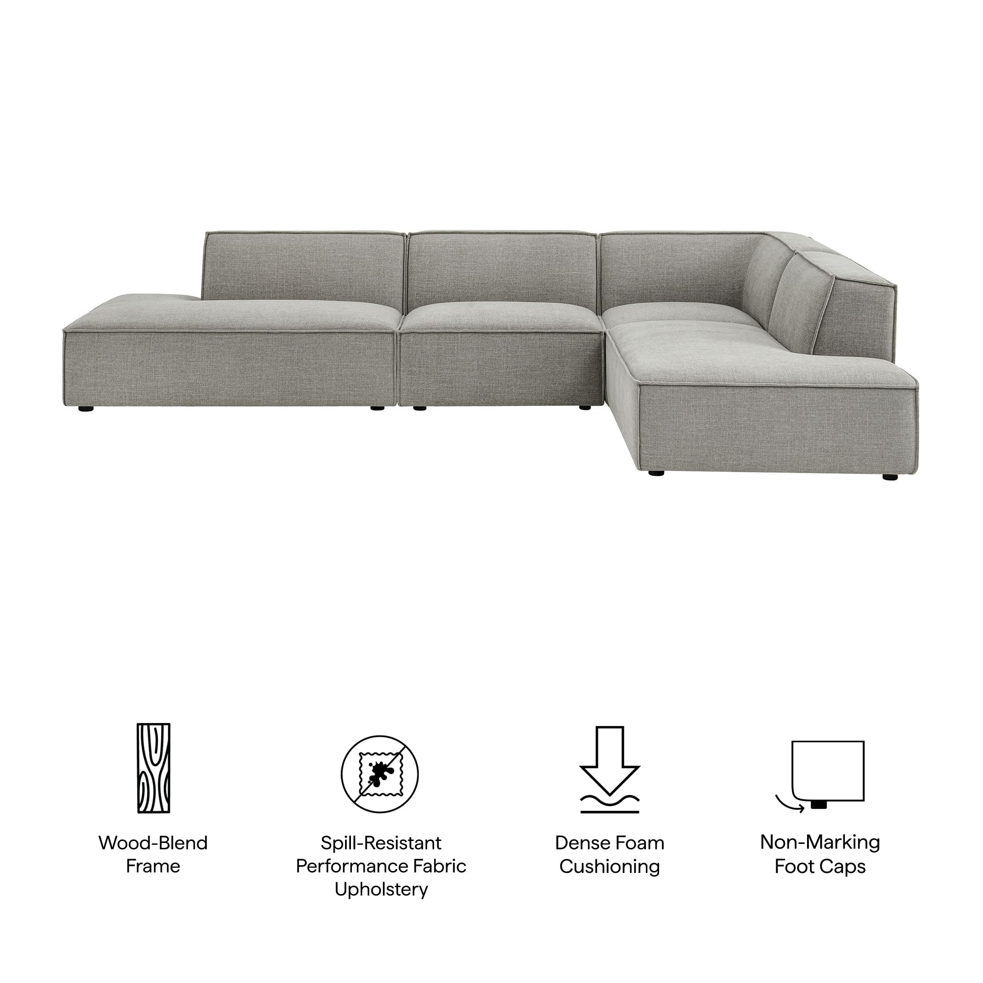 Modway Restore Performance Fabric Upholstered 4-Piece Modular L-Shaped Armless Sectional Sofa in Pewter – Low Profile Couch with Coil Seat Support and French Piping