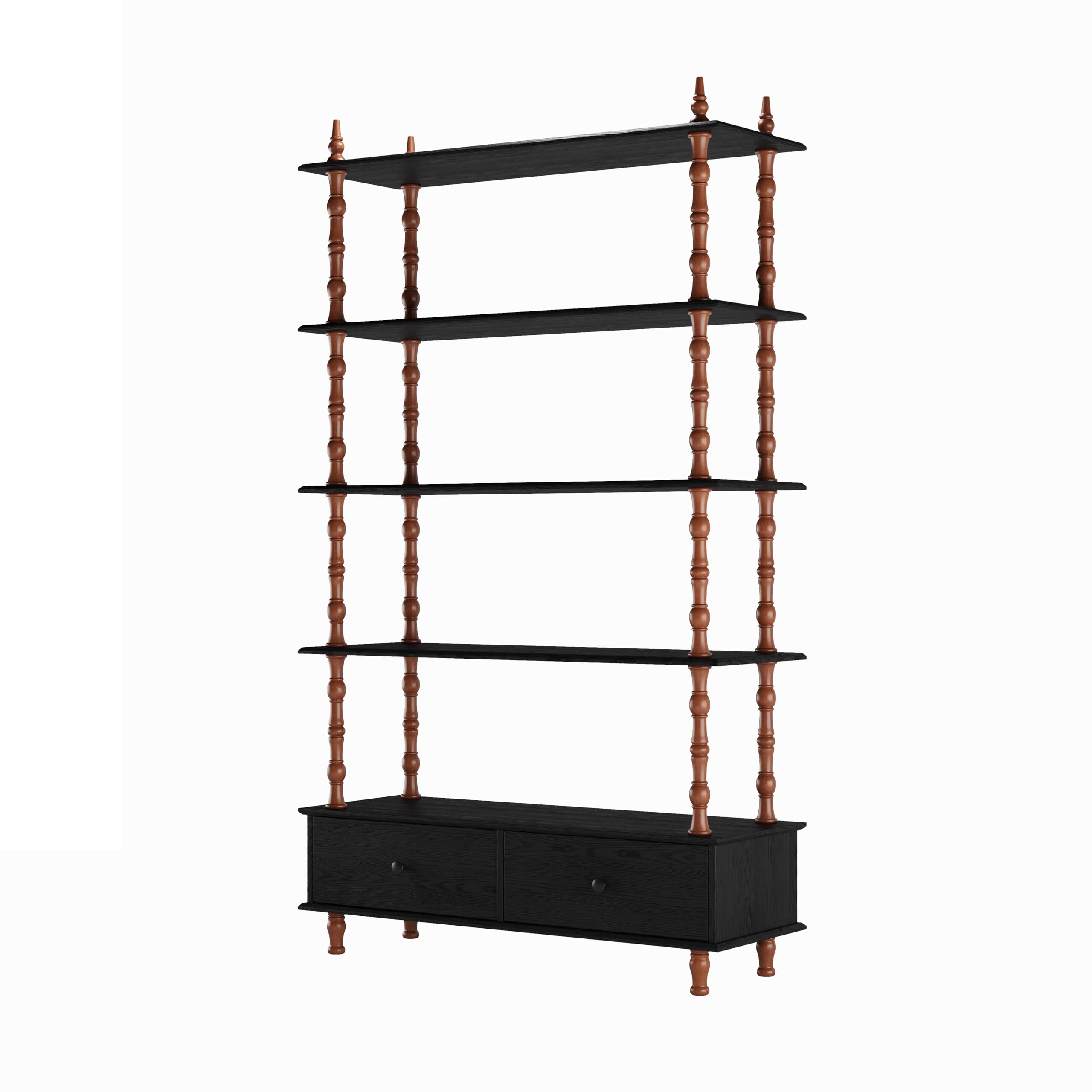 KEIKI 74.4 Inch Bookcase Shelf, 5 Tier Wood Book Shelf, Large Open Shelves with Storage Drawers, Solid Wood Veneered Free Standing Shelves for Living Room, Study Room, Black