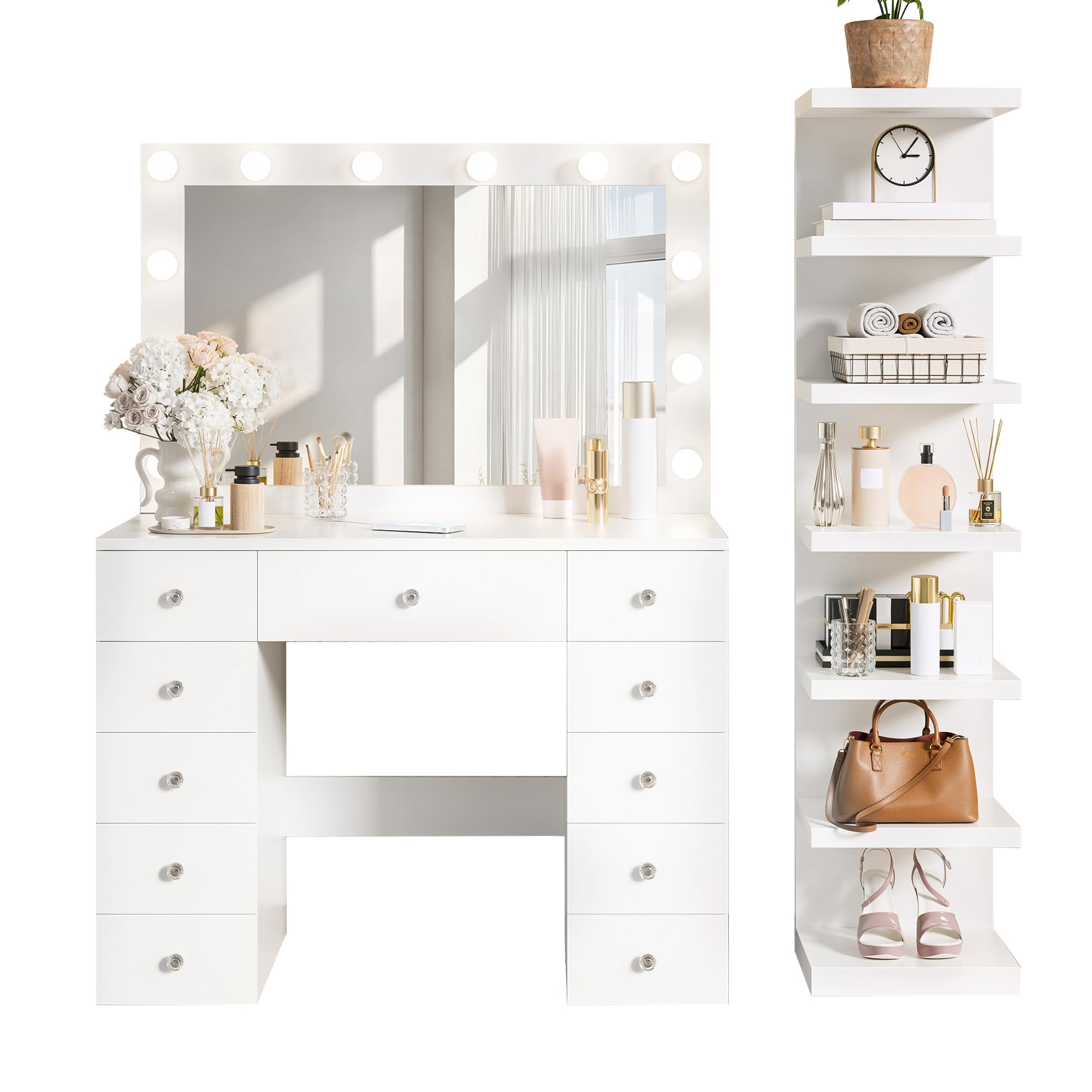 Merax White Makeup Vanity Desk with Large Mirror and 7-Tier Storage Shelves, Modern Dressing Table& 12 Hollywood Bulbs, Power Outlet and 11 Drawers, 3 Color Lighting Modes