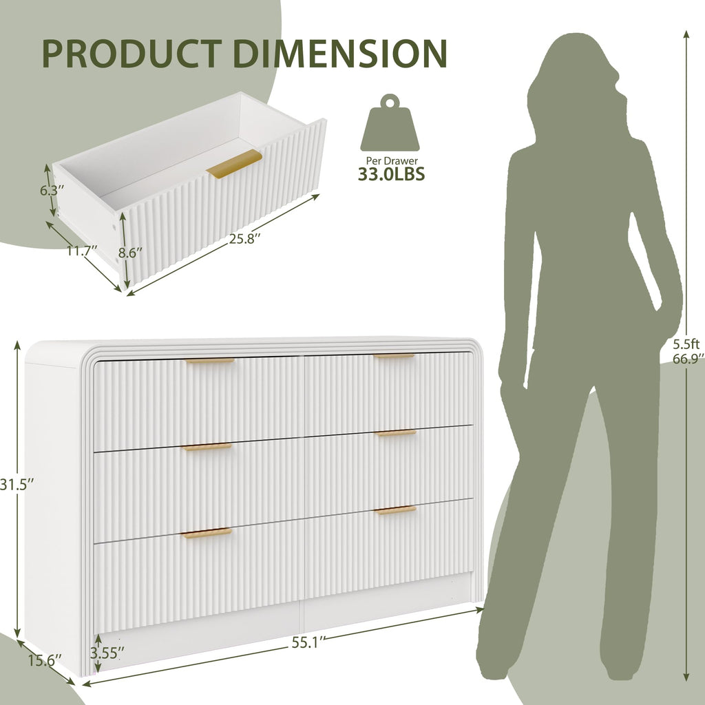 Decofy Fluted Drawers Dresser for Bedroom, Wood Dressers with Gold Handles, Modern Dressers with Wave Texture, Large Storage Chest of Drawers, Bedroom Dresser Organizer 55'' & 6 Drawers (Pure White)