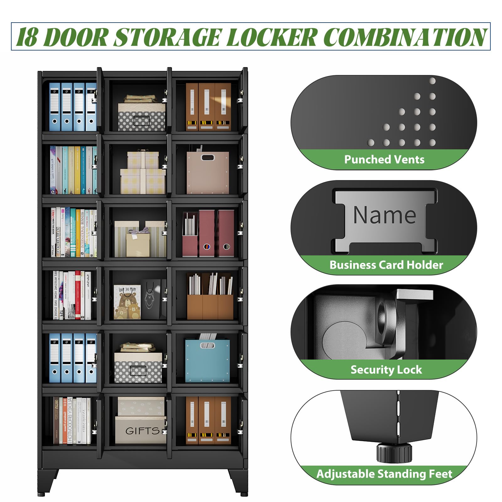 erosoei Metal Lockers for Employees, 18 Doors Metal Storage Locker with Card Slot and Ventilation Holes, Steel Employee lockers for Home Office School Gym Garage, Requires Installation