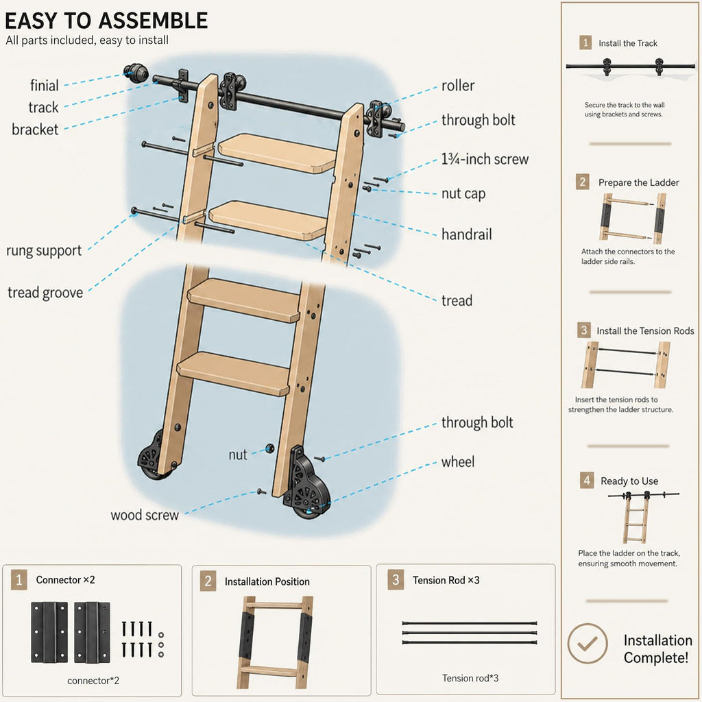 Leinuosen 86 Inch Rolling Library Ladder with 4FT Track Kit, Solid Oak Wood Ladder with Braking Wheels, Sliding Kit for Home, Bookshelf, Loft(Suitable for Installation Height 80-3/4")