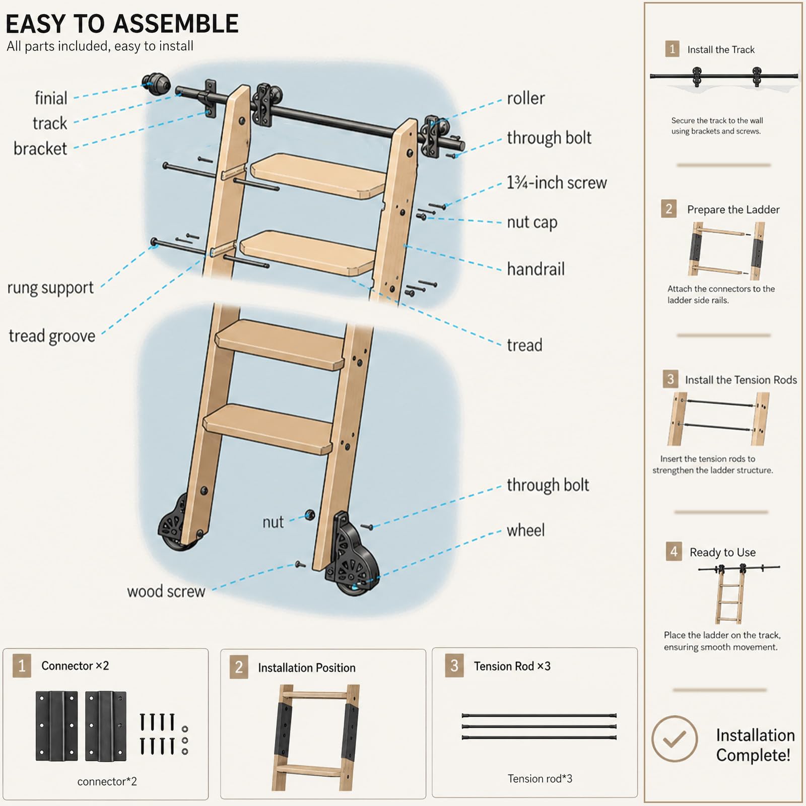 Leinuosen 86 Inch Rolling Library Ladder with 4FT Track Kit, Solid Oak Wood Ladder with Braking Wheels, Sliding Kit for Home, Bookshelf, Loft(Suitable for Installation Height 80-3/4")