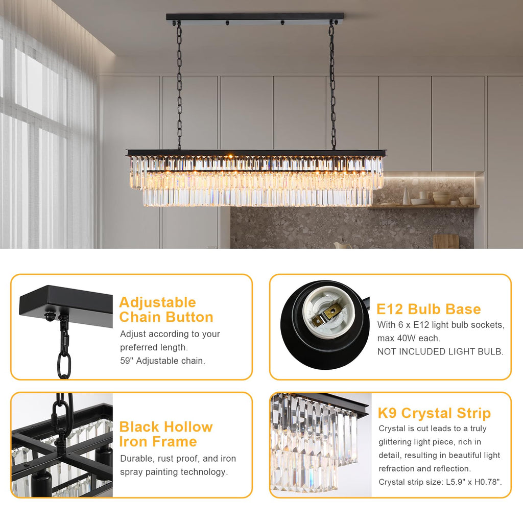 NOXARTE Rectangle Chandeliers for Dining Room, Modern Rectangular Crystal Chandelier Black 8 Lights Pendant Fixture for Kitchen Island Bar Living Room L47 Inch