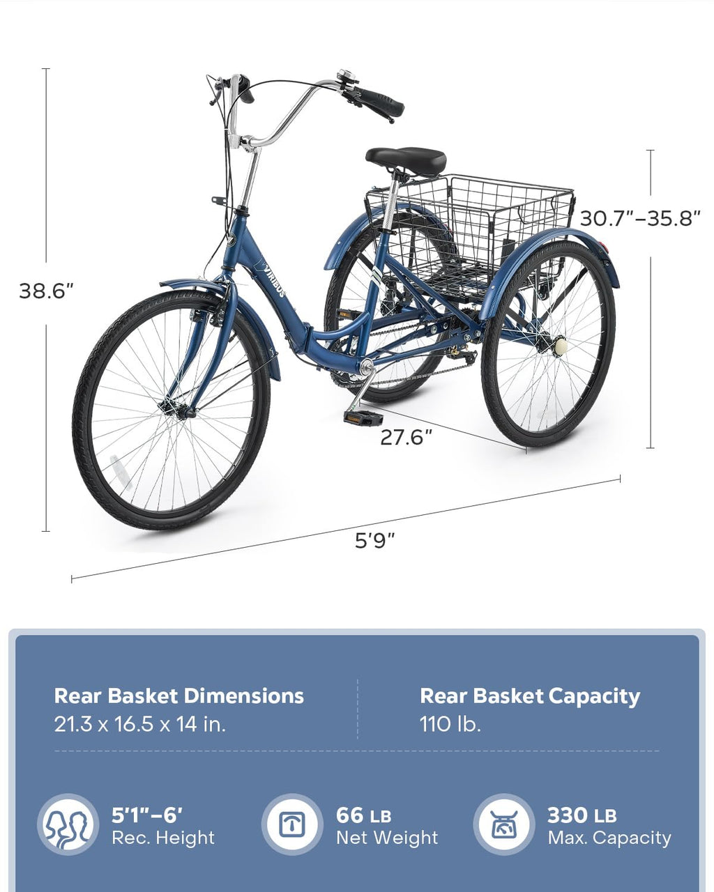 VIRIBUS Folding Tricycle for Adults, 7 Speed Foldable Adult Tricycle with Removable Wheeled Basket, Folding 3 Wheel Bikes for Adults Men Male Seniors 26 inch, Collapsible Trike 330 LB. Blue