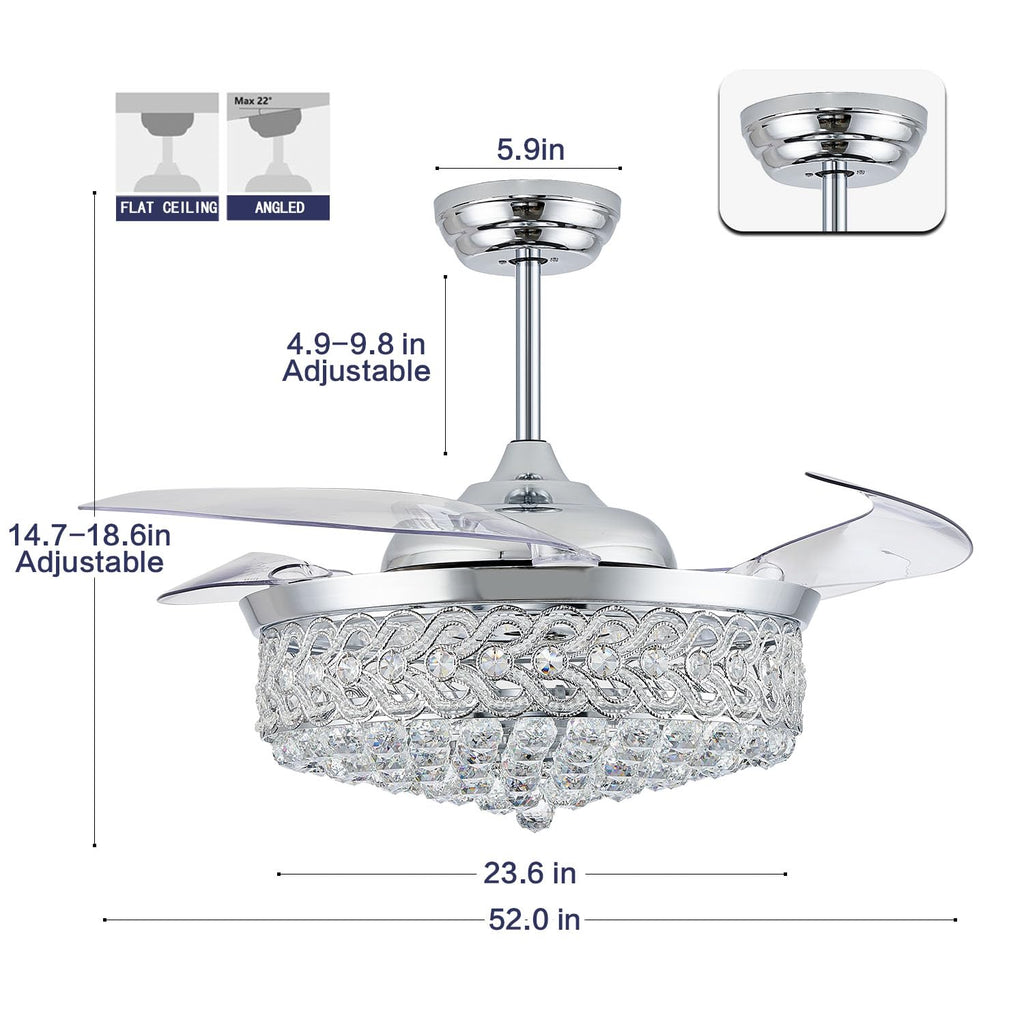 PAFRUMGE 52" Crystal Ceiling Fan with Light and Remote，Dimmable Fandelier with Invisible Retractable Blades, Modern Chandelier Ceiling Fans with Lights for Bedroom Living Room 6 Speed Chrome