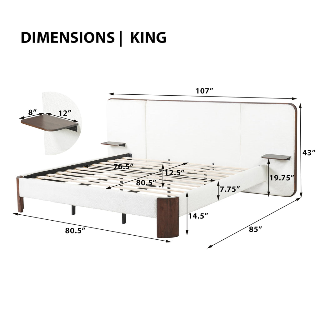 Merax King Size Upholstered Platform Bed Frame with Large Curved Headboard,Built-in Floating Shelves,Wood Slats and Metal Support for Bedroom,Noise-Free