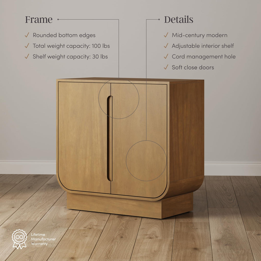 Nathan James Joey Mid Century Modern Storage Cabinet, Arched Accent Cabinet with Rounded Bottom Edges and Integrated Door Pull Cutouts, Light Brown