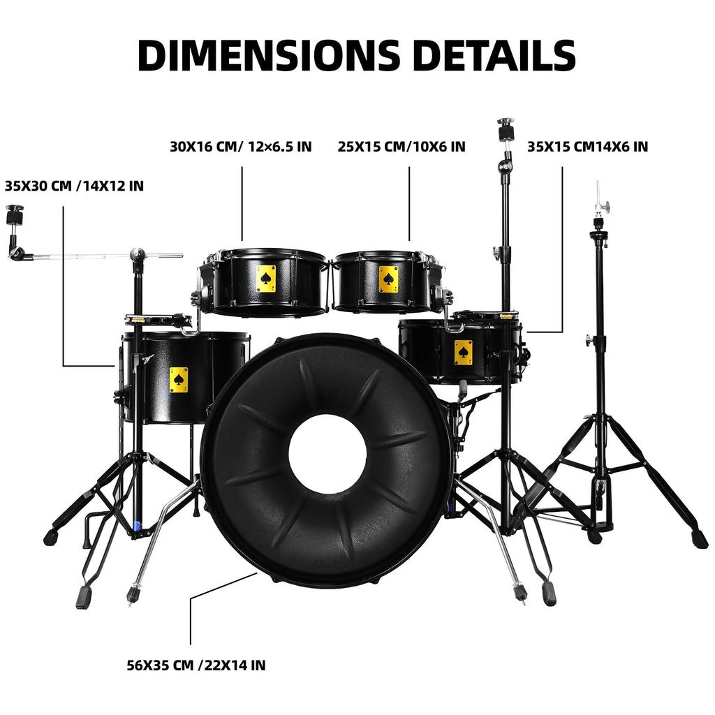 Beatello Metal Drum Set for Adults, 5-Piece Complete Acoustic Drum Kit with Independent Tom-Tom, Professional Resonant Metal Shells & Heavy Duty Stands for Beginners & Studio, Sleek Black