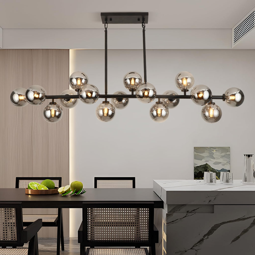 APLampara Mid Century Modern Chandelier 55in Linear Bubble Chandeliers 16-Light Black & Gray Sputnik Pendant Lighting Fixture for Dining Room Kitchen Island
