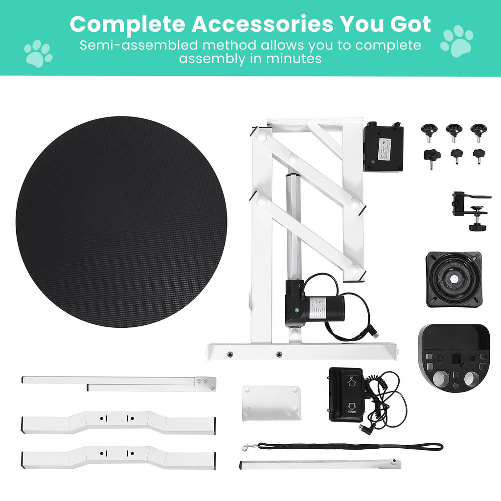 ActiveTrail Electric Hydraulic Lift Dog Grooming Table – 24 Inch Rotating Desktop, Overhead Arm, Foot Remote, Tool Organizer, 250LBS Capacity – Ideal for Small Pets