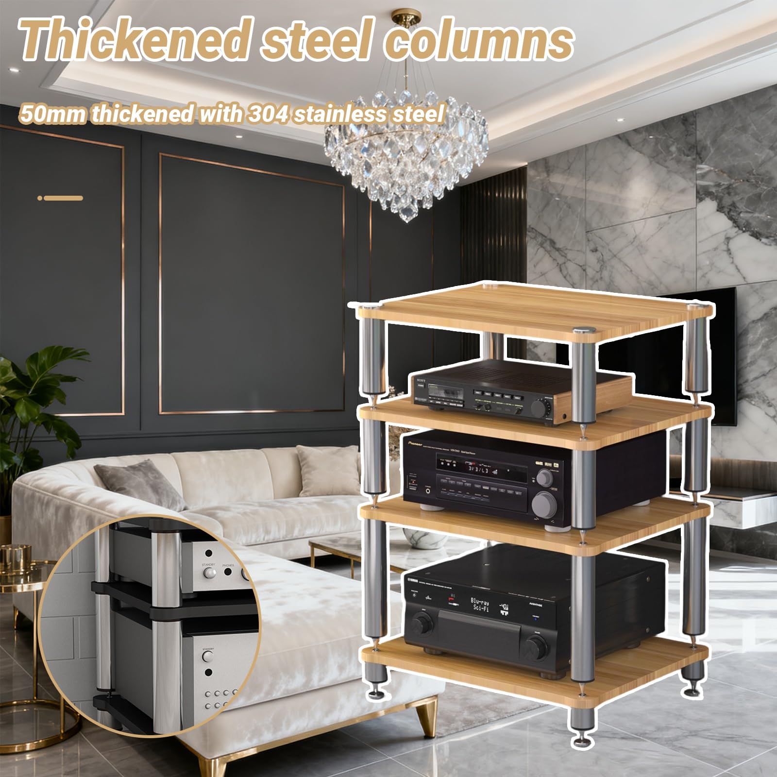 ZUGIATP HiFi 3 Tier AV Media Stand Wood Shelf Record Player Stand Stereo Cabinet Audio Tower Media Console Storage Shelf Audio Video Components(Light Walnut,Double Layer)