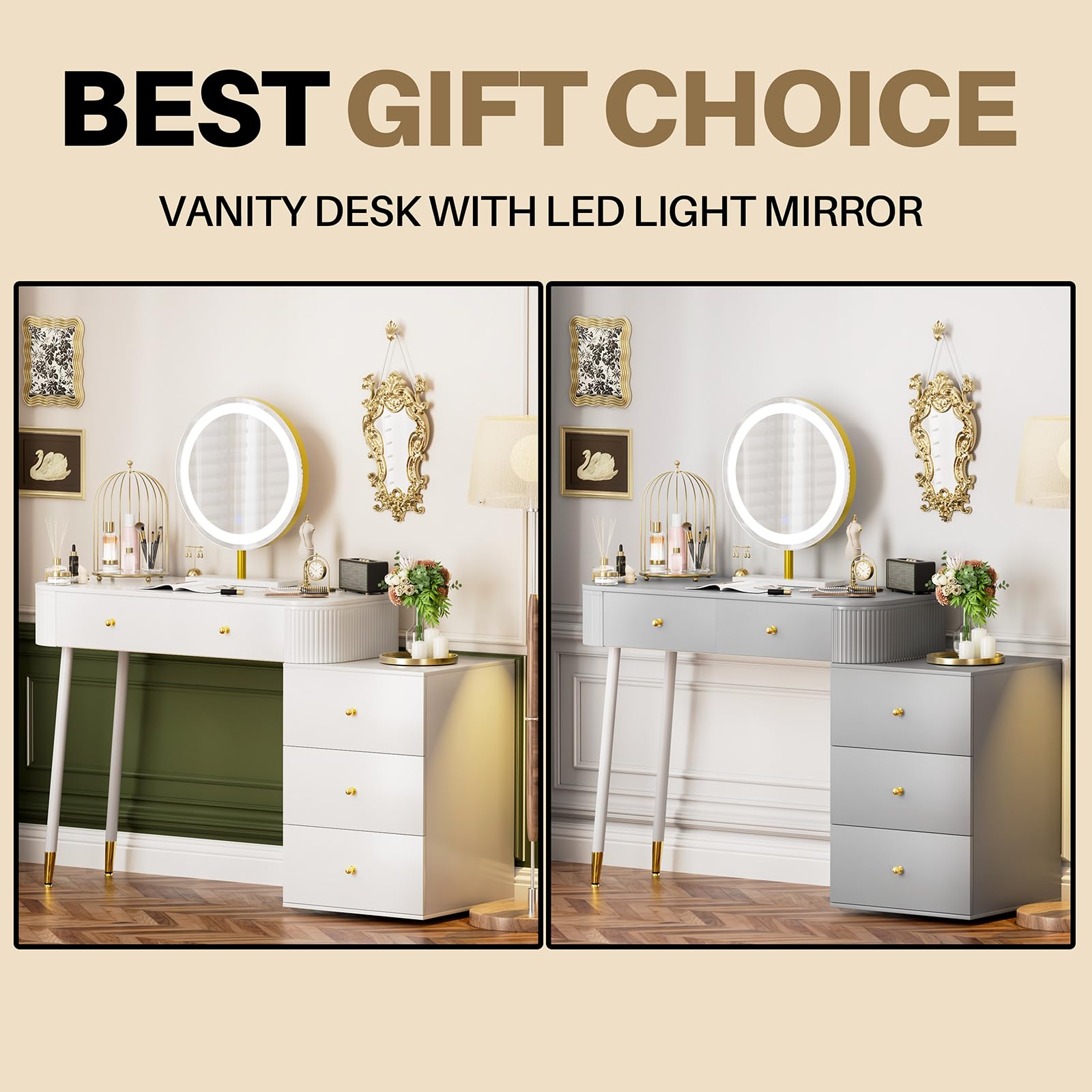 WinZo 36" Vanity Desk with Mirror and 3 Light Modes, Dressing Table Set with 5 Sliding Drawers, Makeup Desk with Charging Station, Modern Vanity for Small Spaces & Bedroom, White
