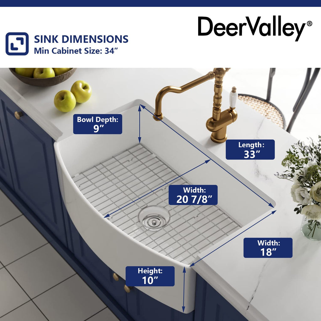 DeerValley Farmhouse Kitchen Sink 33 inch, White Fireclay Apron Front Farm Sinks, Single Bowl Deep Drop In Undermount Sink with Grid and Basket Strainer, Easy to Clean