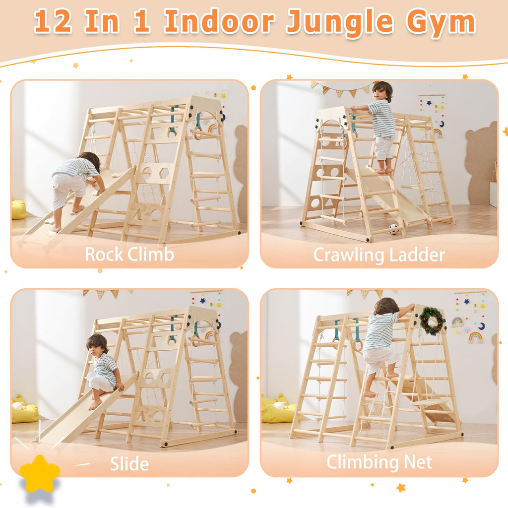 Homman 12-in-1 Toddler Playground - Foldable Kids Climbing Set with Slide, Rock/Net, Monkey Bars, Drawing Board, Swing and Pickler Set