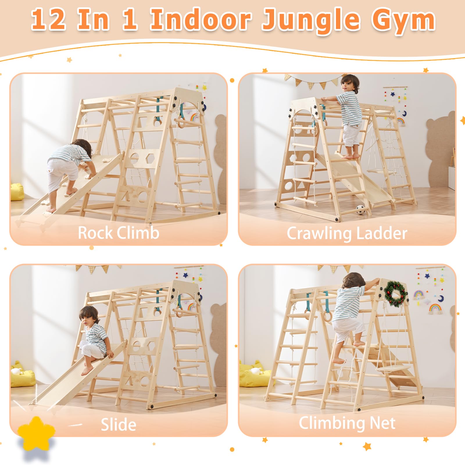 Homman 12-in-1 Toddler Playground - Foldable Kids Climbing Set with Slide, Rock/Net, Monkey Bars, Drawing Board, Swing and Pickler Set