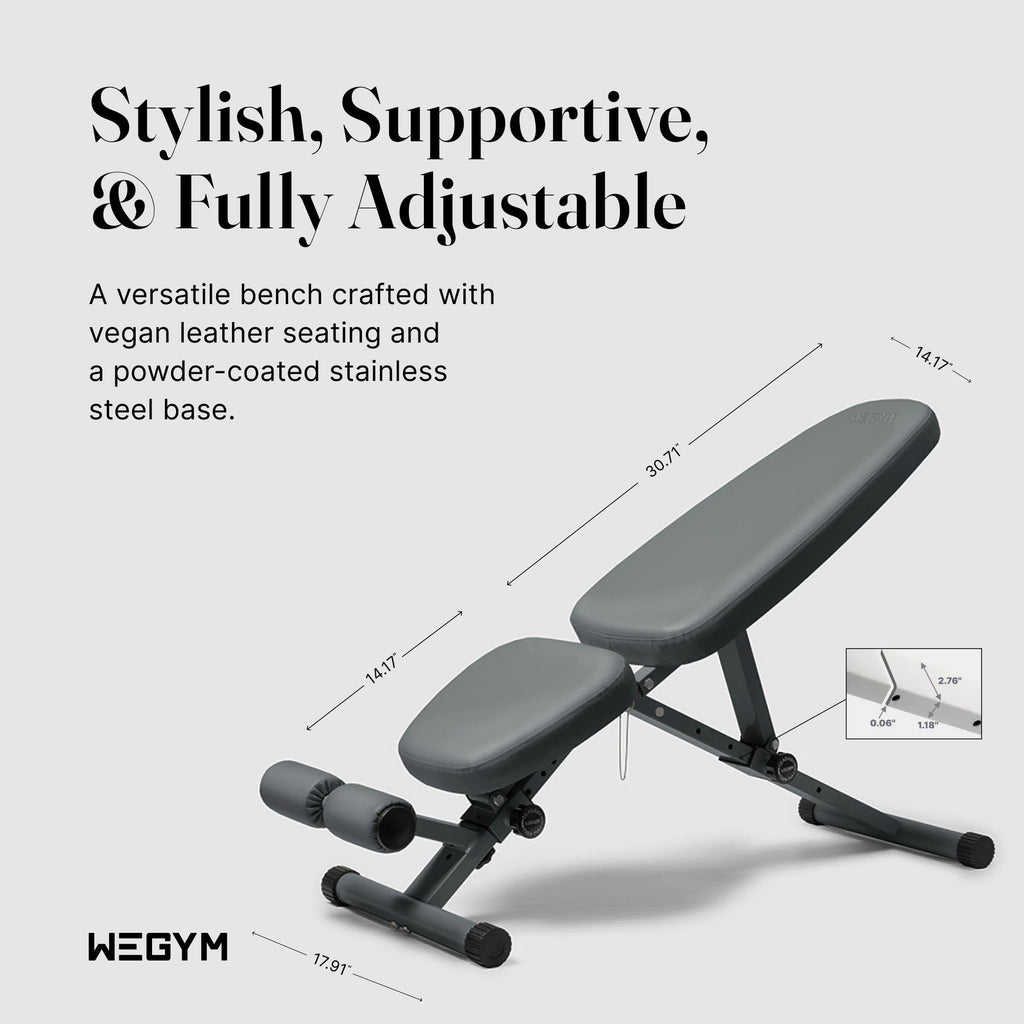 WeGym Collapsible Workout Bench, Adjustable Fitness Bench with 50 Configurations, Vegan Leather, Extra Wide 14in Seat for Home Gym Strength Training (Slate)