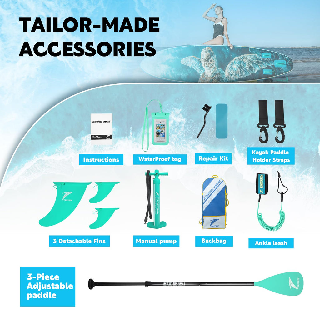 TIDETREK 11'/11'6" x 33"/34" x 6" Inflatable SUP Paddle Board – Extra-Wide, Stable Stand Up Paddle Board with Premium Full Accessory Set for Adults & Youth (Blue Turtle, 11'x33 x6)