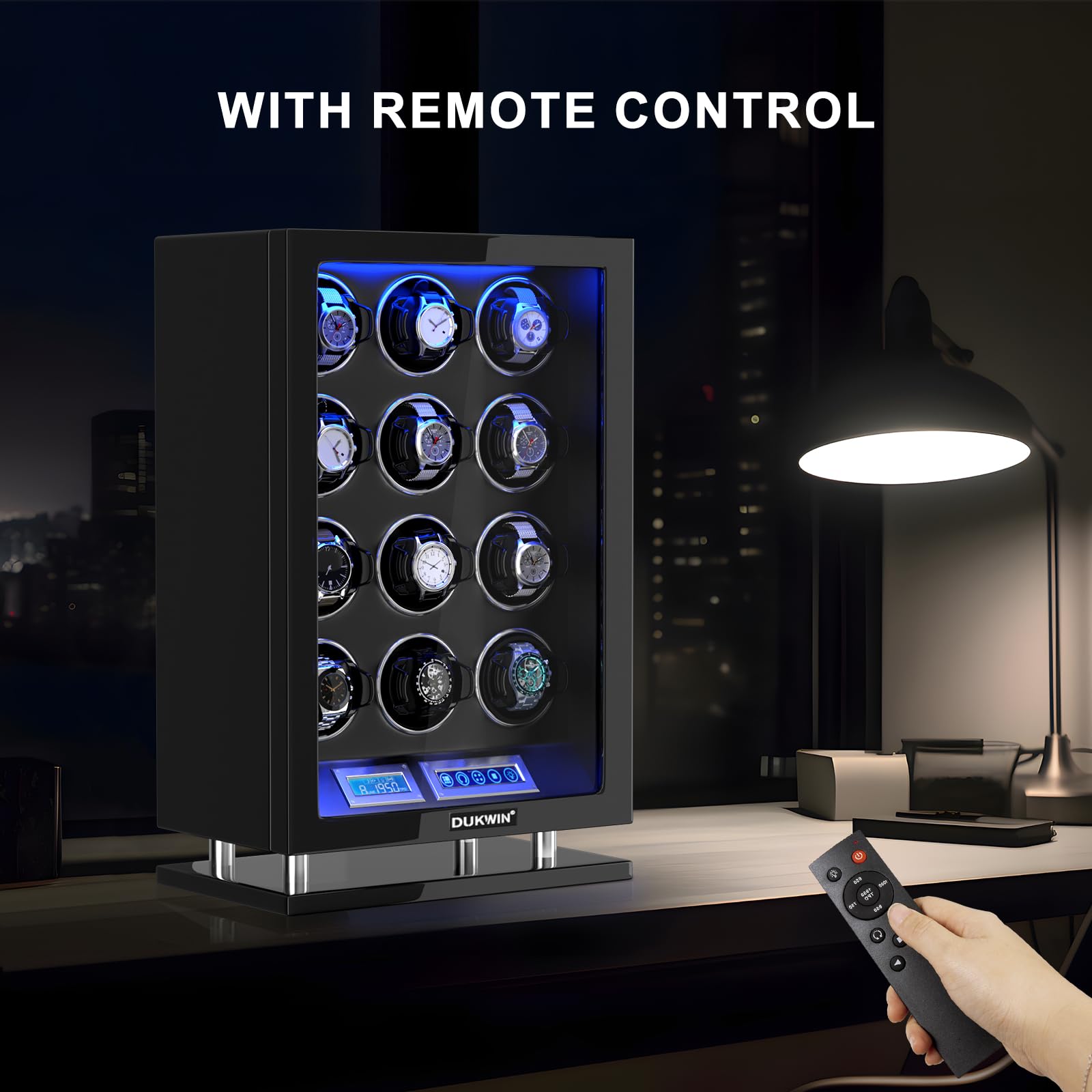 DUKWIN Watch Winder for 12 Automatic Watches, Fingerprint Lock Watch Winders with LCD Touchscreen, Blue LED Light, Remote Control,Adjustable Pillow and Quiet Motor for Universal Watches, 5TPD