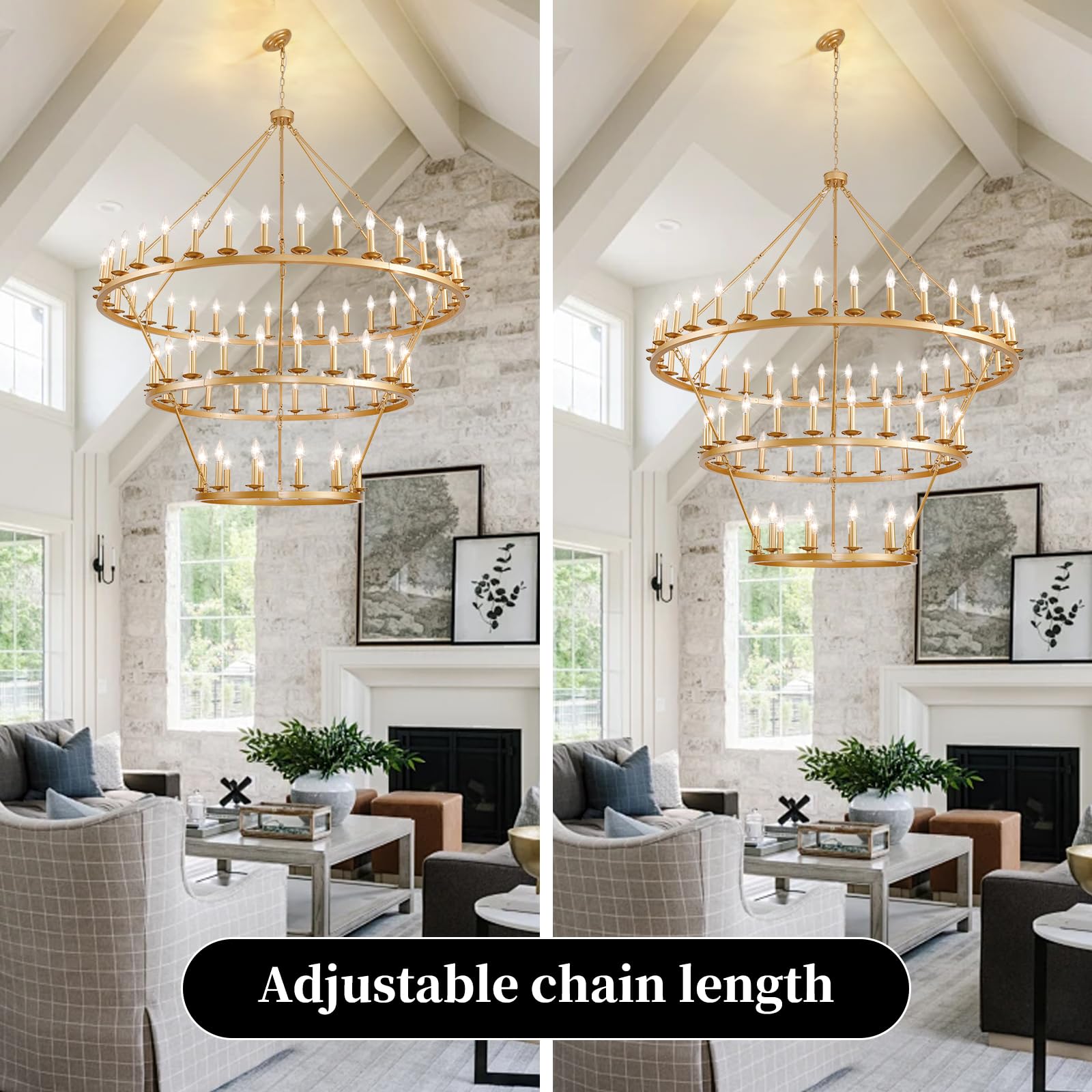 QJMPP 3 Tier Gold Wagon Wheel Chandelier,Extra Large 60-Inch 72-Light Circle Light Fixture,Round Chandeliers for Foyer Entryway Dining Room Living Room High Ceilings