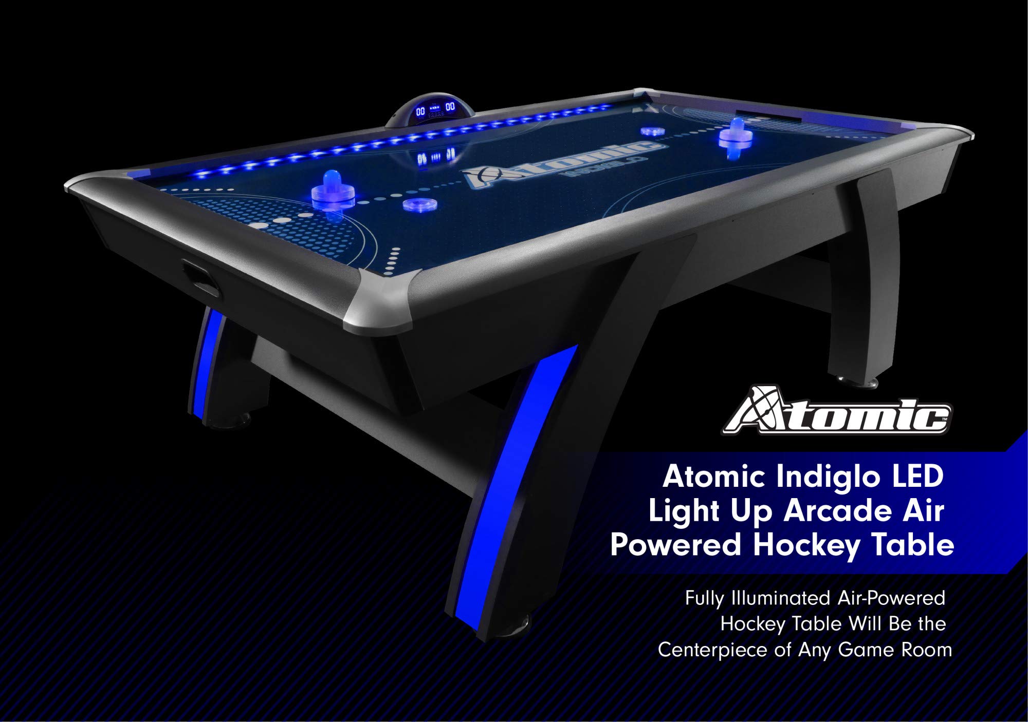 Atomic 90” Indiglo LED Light Up Air Hockey Table – Fully Illuminated Arcade Style Table with LED Scoring, Light Up Pucks & Pushers, in‑Rail Lighting and Music