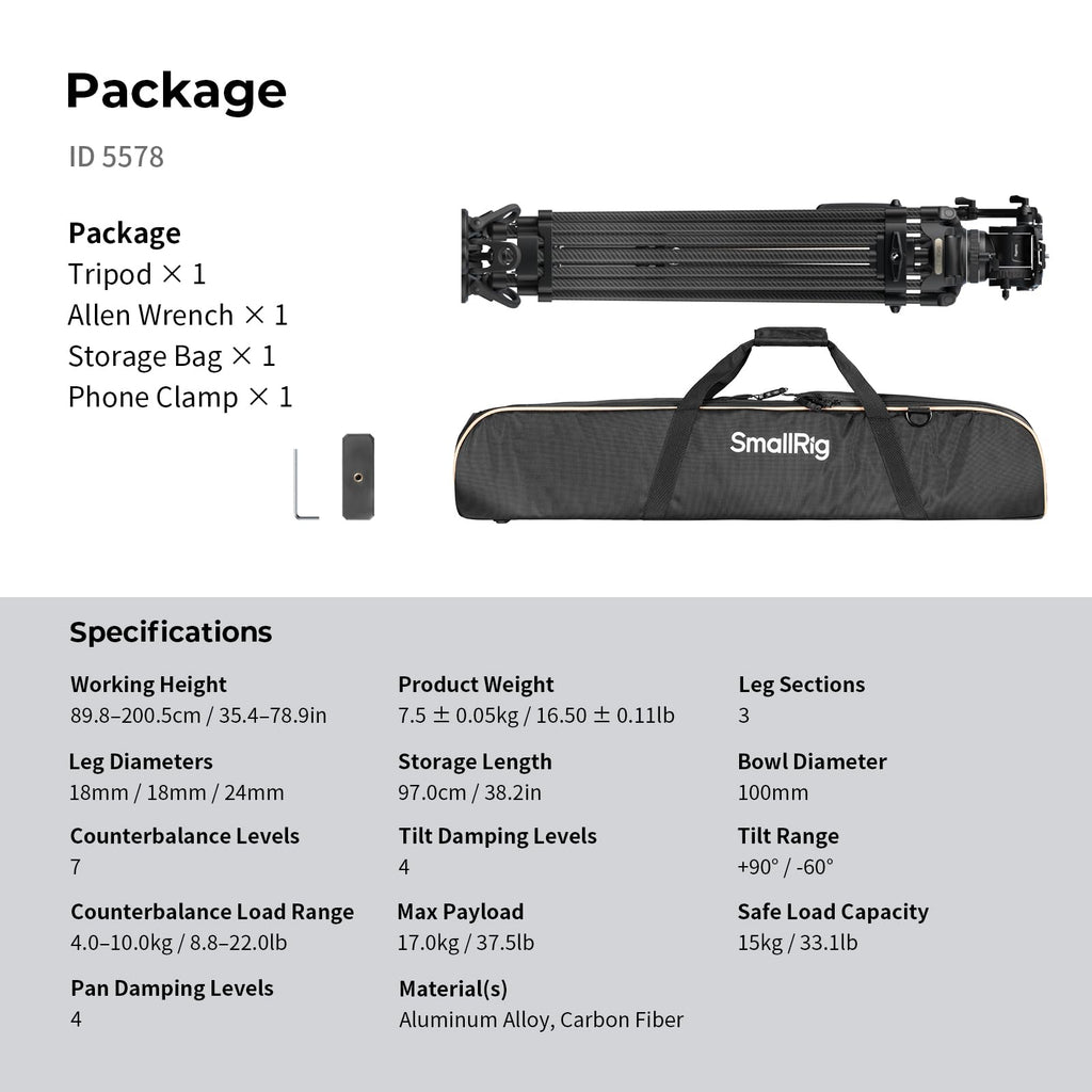 SMALLRIG 79''/200.5cm Heavy-Duty Carbon Fiber Video Tripod, 7-Step Counterbalance Head, Snap-on Quick-Release Plate for DJI & MFT 501, Max Load 17kg/37lb, Professional Video Shooting - FSD18-5578