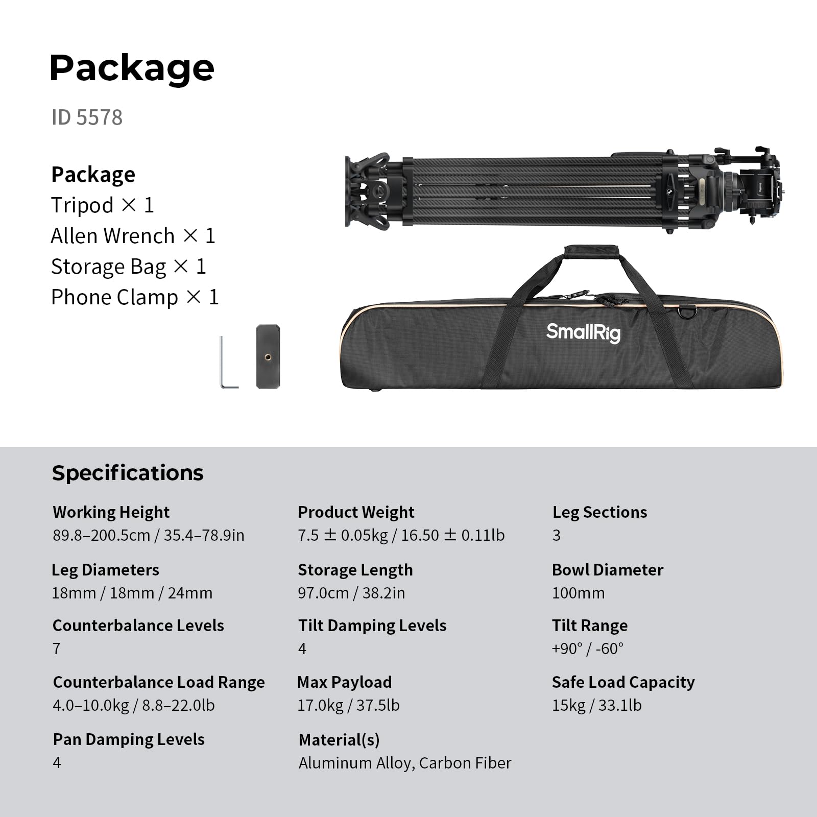 SMALLRIG 79''/200.5cm Heavy-Duty Carbon Fiber Video Tripod, 7-Step Counterbalance Head, Snap-on Quick-Release Plate for DJI & MFT 501, Max Load 17kg/37lb, Professional Video Shooting - FSD18-5578