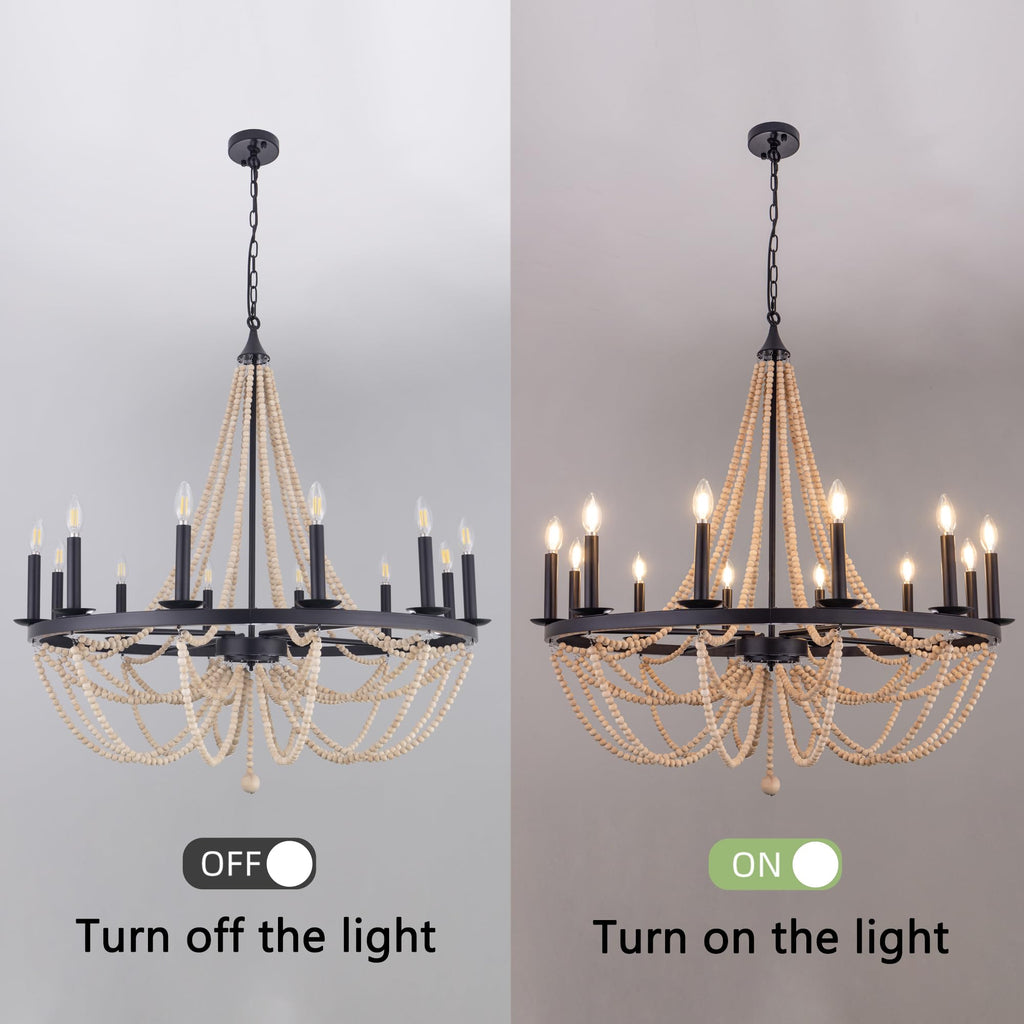 Wellmet Beaded Chandelier Boho Light Fixture 38", Black Farmhouse Dining Room Chandelier Pendant Lights, French Country Candle Wagon Wheel Chandelier Hanging Ceiling Light Fixture for Staircase Foyer