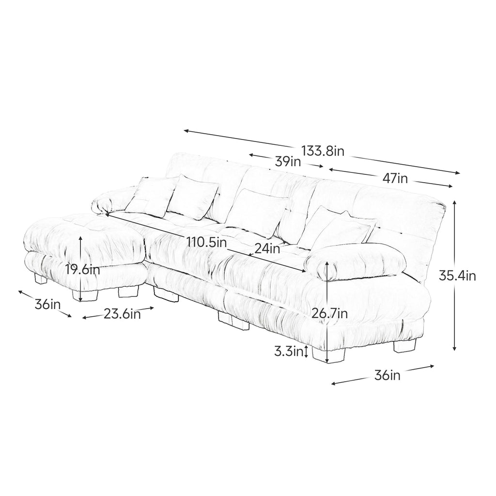 KEIKI 133" Sectional Sofa with Removable Ottoman, 4 Seat L Shaped Sleeper Cloud Couch Set, Comfy Chenille Upholstered Modular SofaBed for Apartment Living Room, Throw Pillows, Light Coffee