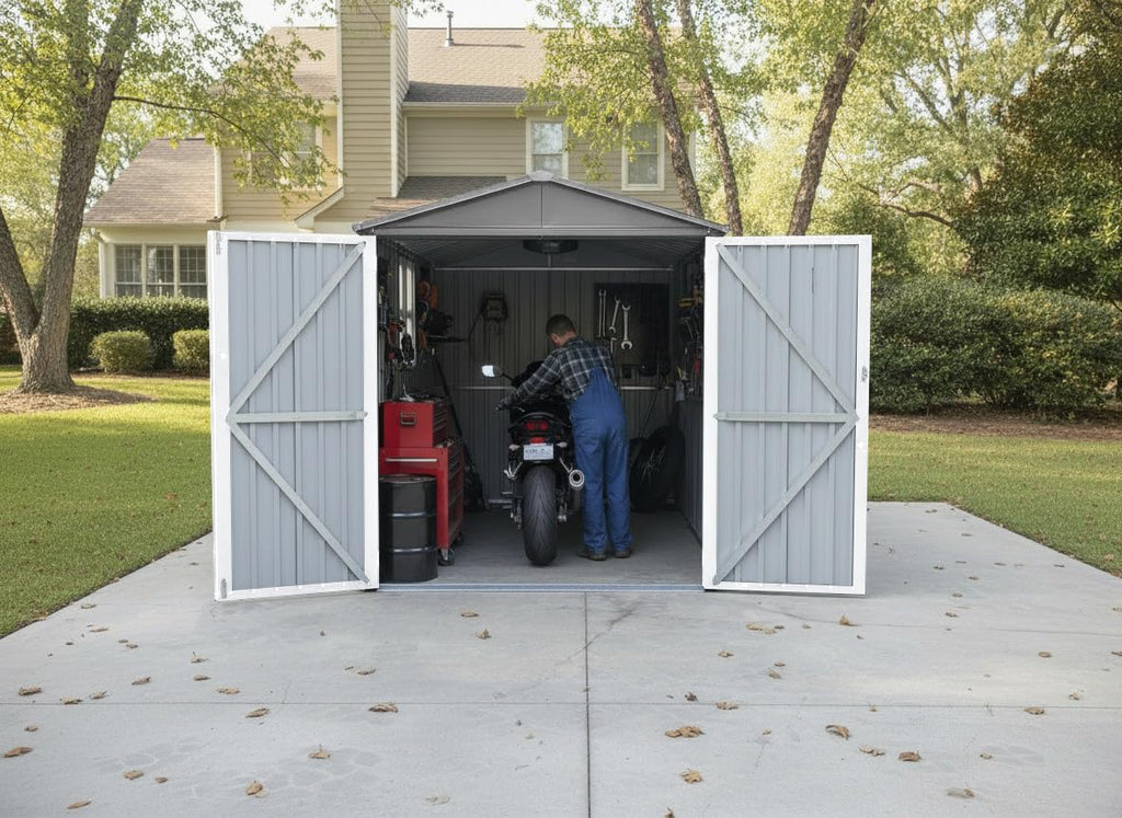 YOPTO 10x6.64 FT Metal Frame Garden Sheds with Lockable Doors and Window,Outdoor Heavy-Duty Storage Shed,w/Waterproof Roofs,for Motorcycle Bicycles Lawnmowers,Grey+White