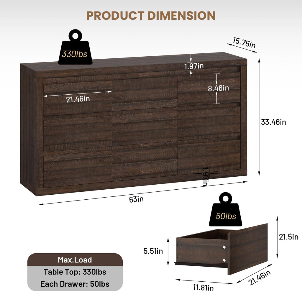 Garvee Modern 9 Drawer Dresser for Bedroom, Wide Chest of Drawers with Anti-Tipping Device, Wooden Storage Cabinet and TV Stand for Closet, Living Room or Hallway,Brown