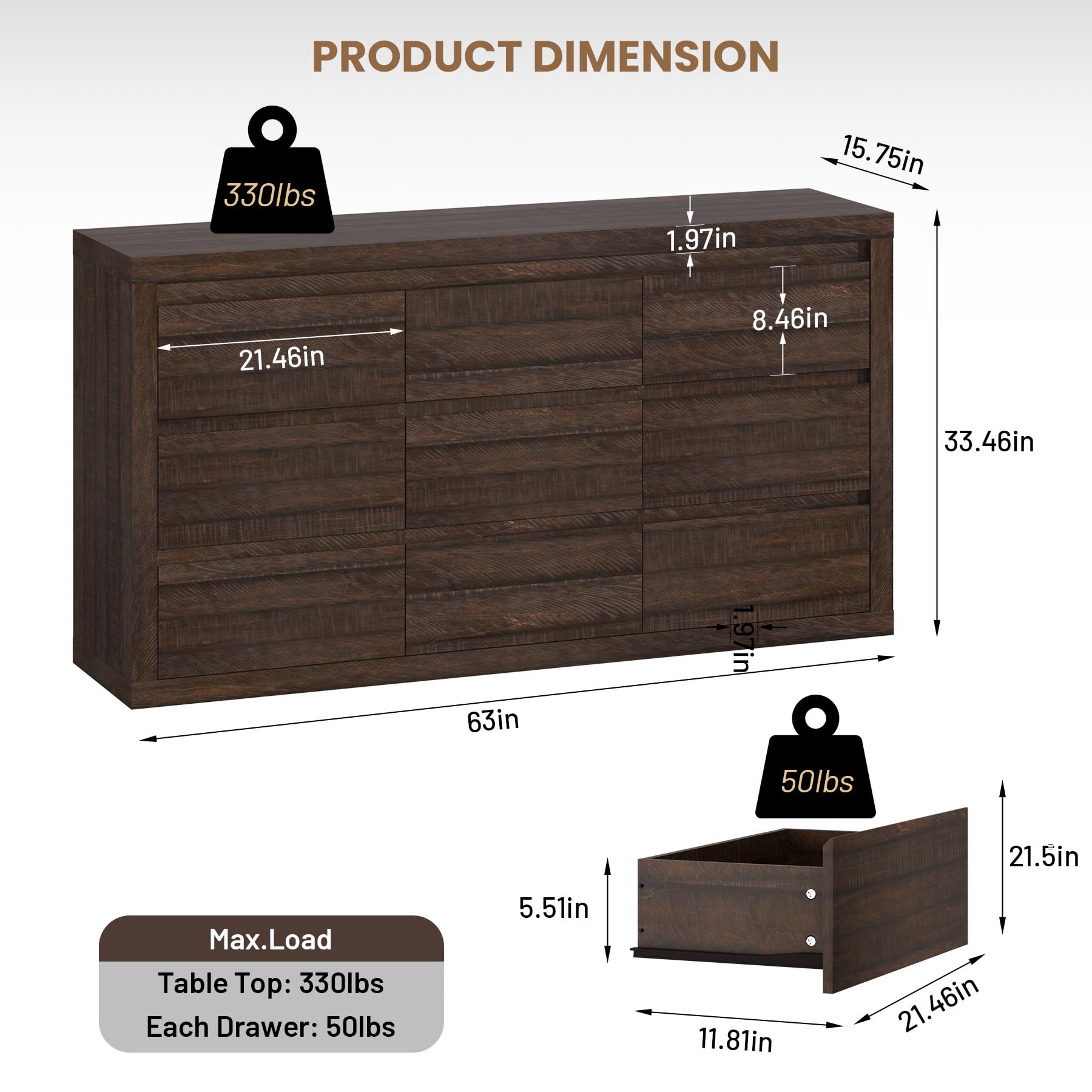 Garvee Modern 9 Drawer Dresser for Bedroom, Wide Chest of Drawers with Anti-Tipping Device, Wooden Storage Cabinet and TV Stand for Closet, Living Room or Hallway,Brown