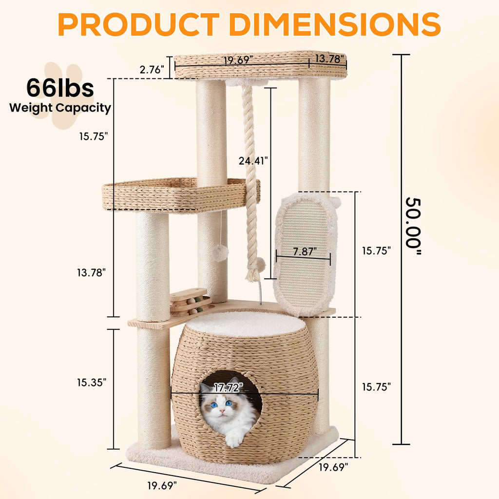 EMUST Luxury Modern Cat Tree Tower 50IN - Heavy-Duty Multi-Level Cat Condo with Extra-Large Hand-Woven Rattan Bed & Thickened Scratching Post for Indoor Cats Large Adult