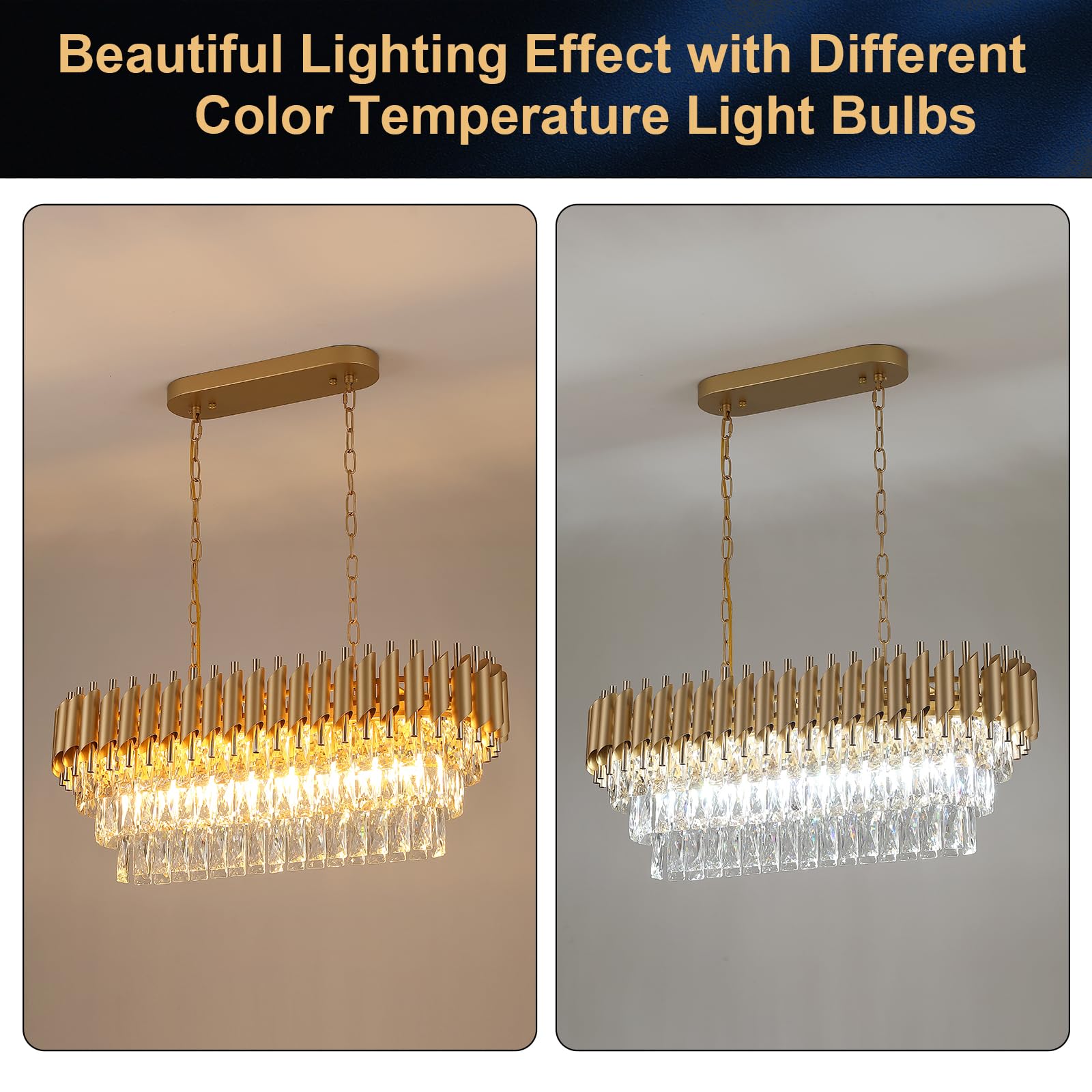 A AXILIXI Modern Rectangular Chandelier Gold Crystal Chandeliers for Dining Room 8-Light Linear Ceiling Pendant Light Long 32” Luxury Oval Chandelier for Kitchen Island Living Room