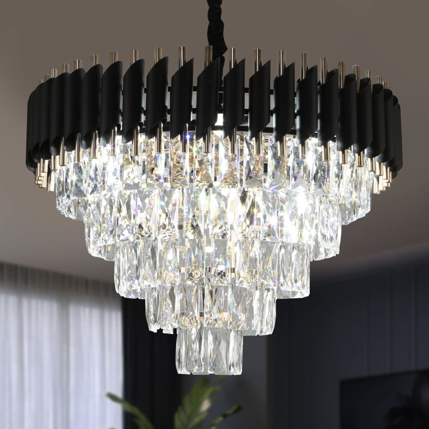 AXILIXI Crystal Chandelier Contemporary, 24" Modern Living Room Chandeliers, K9 Crystal Ceiling Lights Fixtures, Round 5 Tiers Pendant Lighting Chandelier Black for Entryway Dining Room Staircase