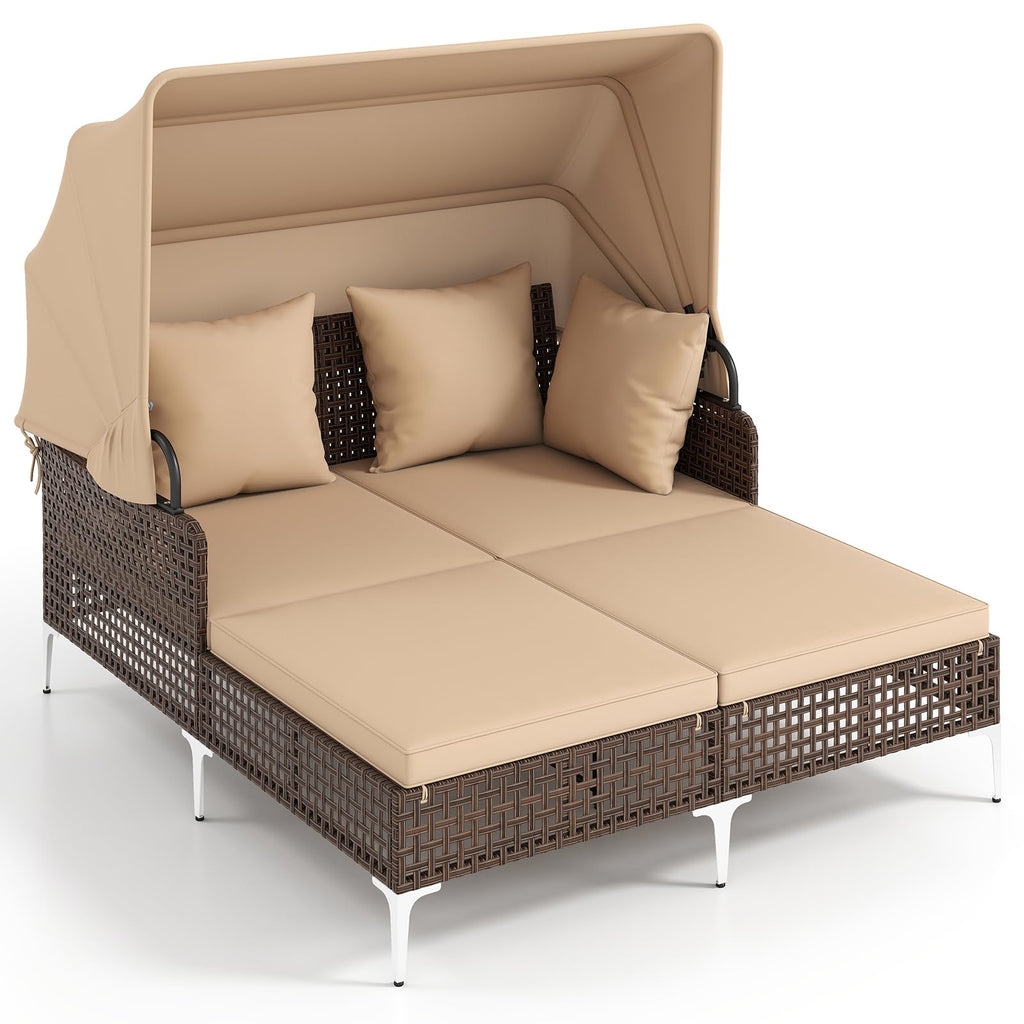 Tangkula Outdoor Rattan Daybed with Retractable Canopy, Boho Patio Wicker Sunbed with Metal Support, Pillows & Cushions, Outdoor Double Chaise Lounge with Shade for Backyard, Poolside, Deck & Balcony