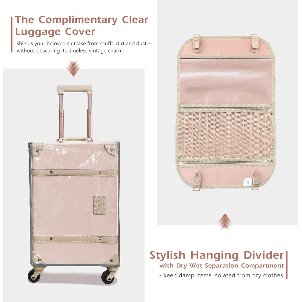 UNIWALKER Vintage Suitcase Set of 3, Retro Leather Travel Luggage with Cosmetic Train Bag for Women(Velvet Pink, 26''+20''+12'')