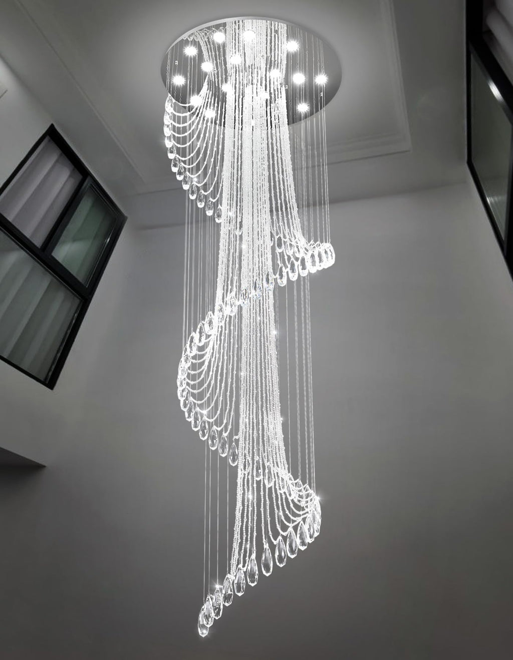 D40'' x H120'' Modern Crystal Chandelier for Foyer Glam Chandelier High Ceiling Chandeliers Large Raindrop Pendant Lights LED Dimmable Light Fixtures for Staircaes Living Room Entryway Silver