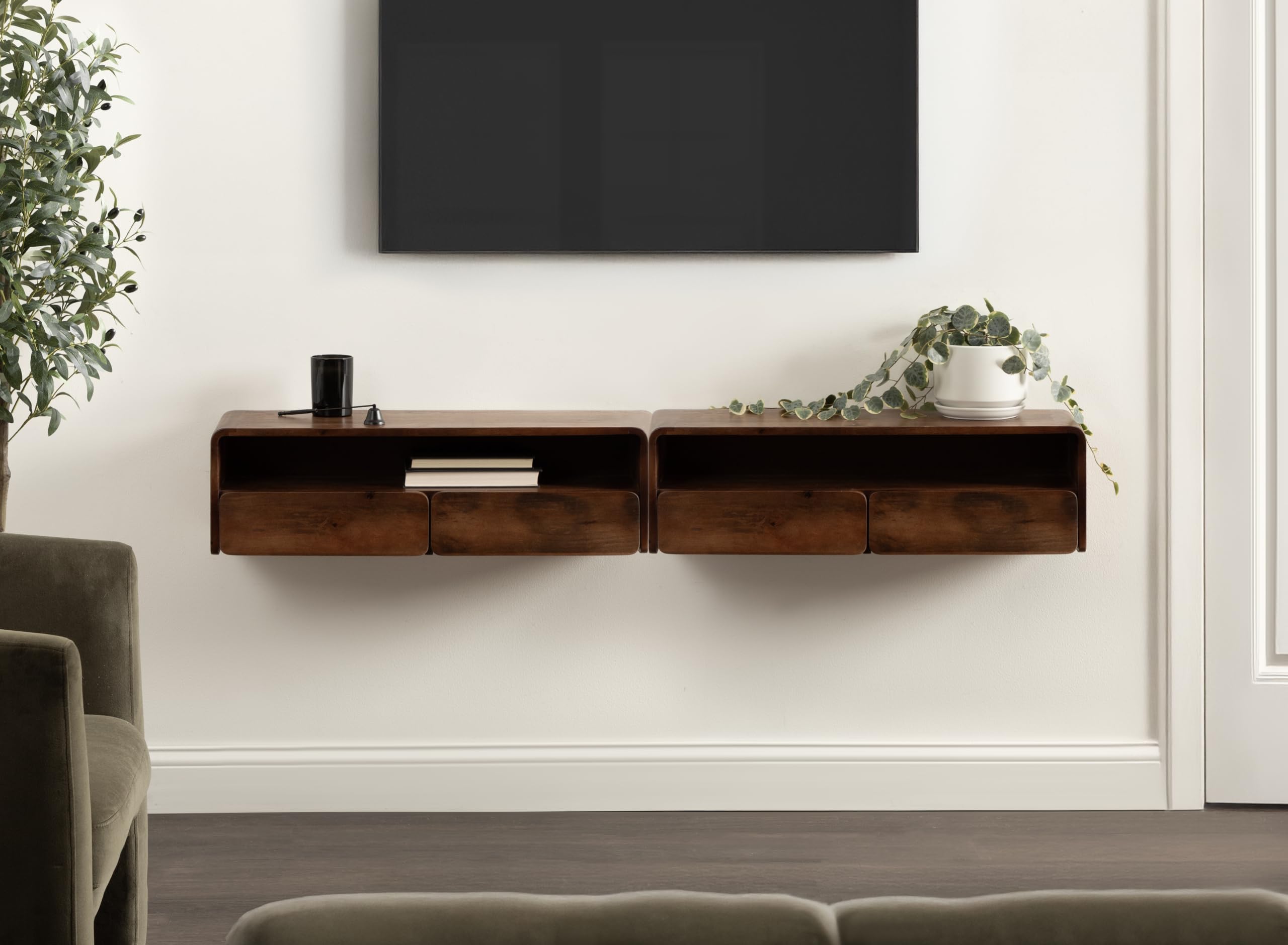 Kate and Laurel Kato Modern Floating Console Table for Entryway, 30 x 10 x 9, Walnut Brown, Decorative Transitional Floating Entryway Table with Storage Drawers for Living Room Storage Wall Shelf