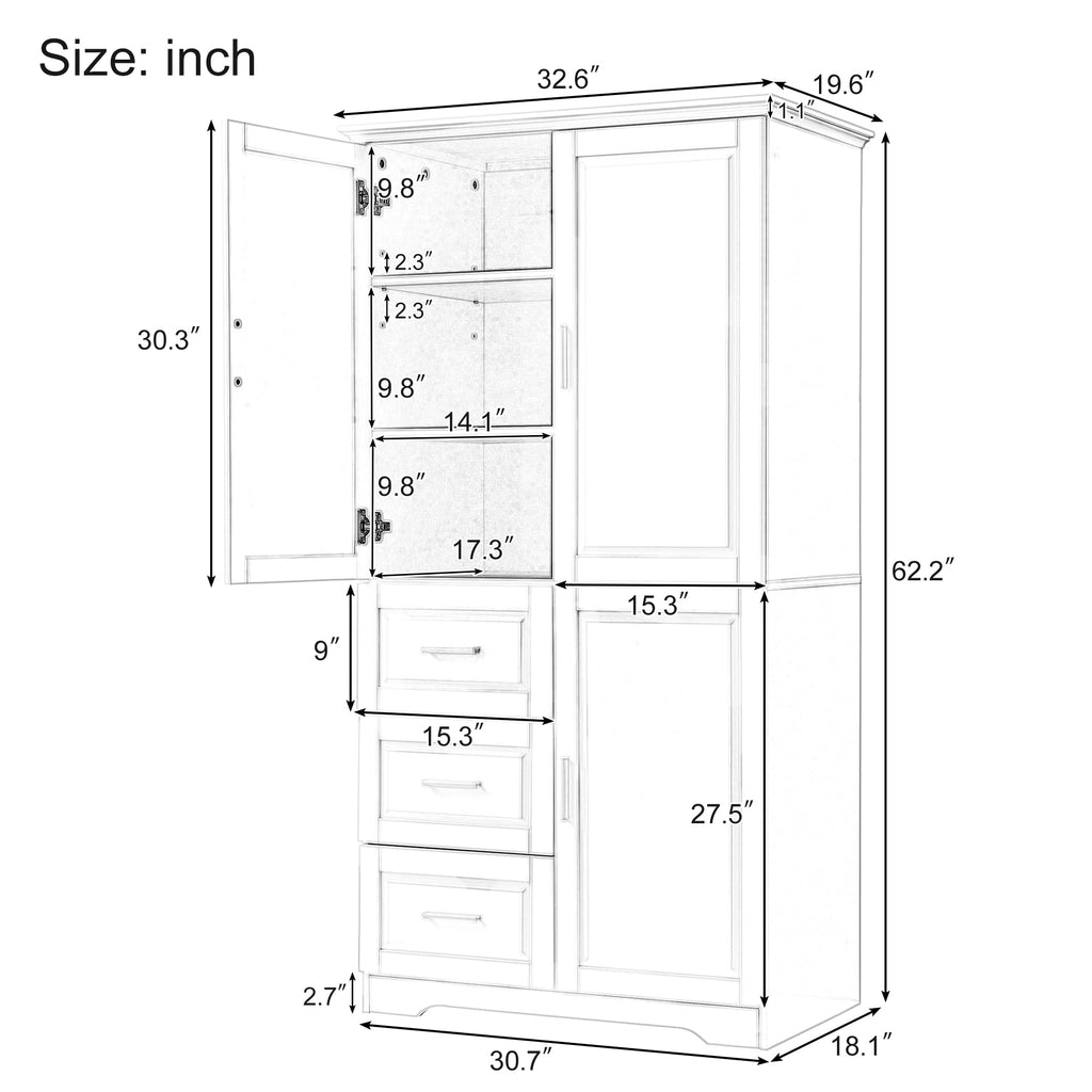 62.2" Wide Storage Cabinet Pantry Cupboard with Doors and Drawers for Home Kitchen, Bathroom and Living Room, Adjustable Shelf, Black