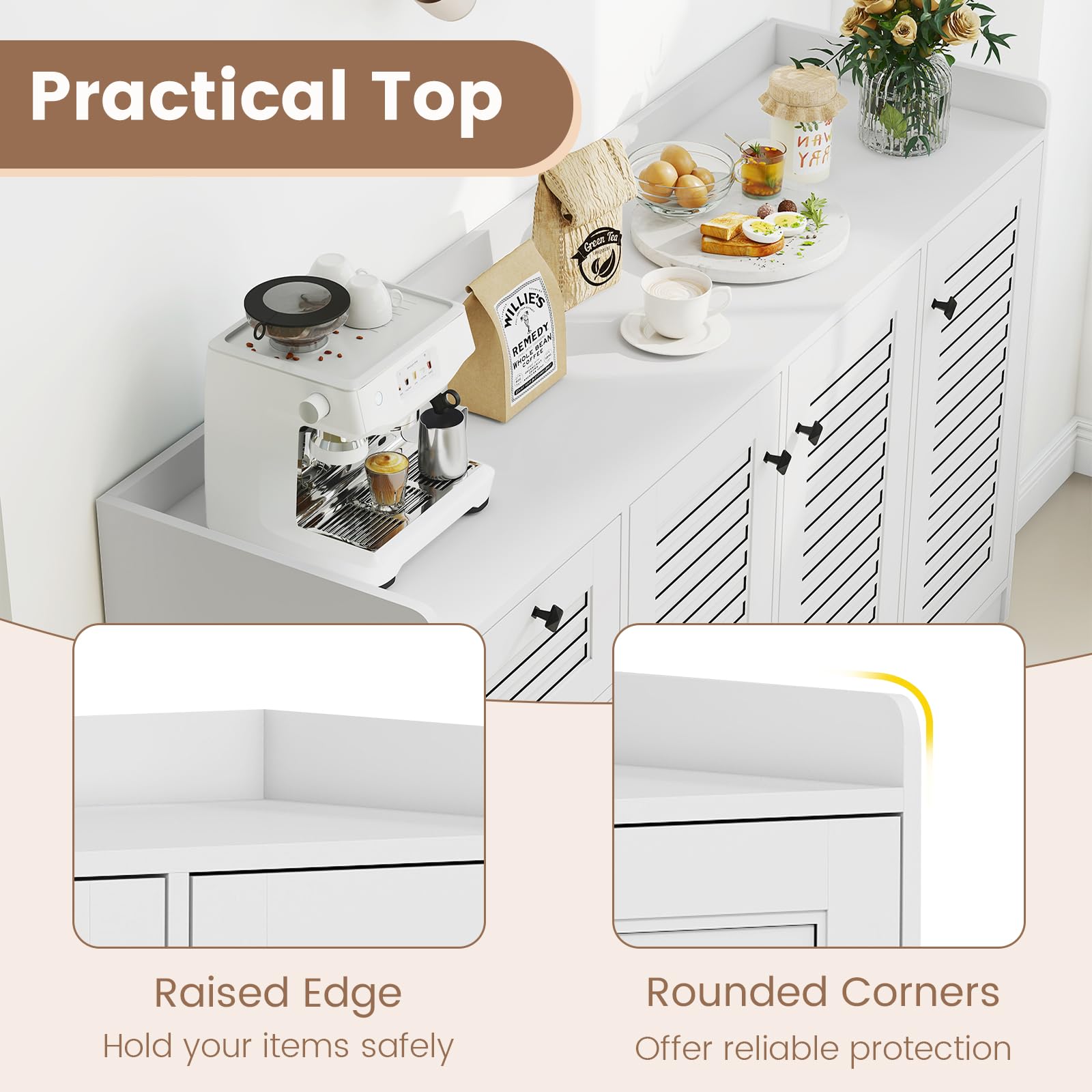 Giantex 63'' Buffet Cabinet with Storage, Modern Sideboard Cabinet with 3 Doors & 3 Pull-Out Drawers, Large Kitchen Console Table with Anti-Tipping Devices for Living Room, Dining Room, White