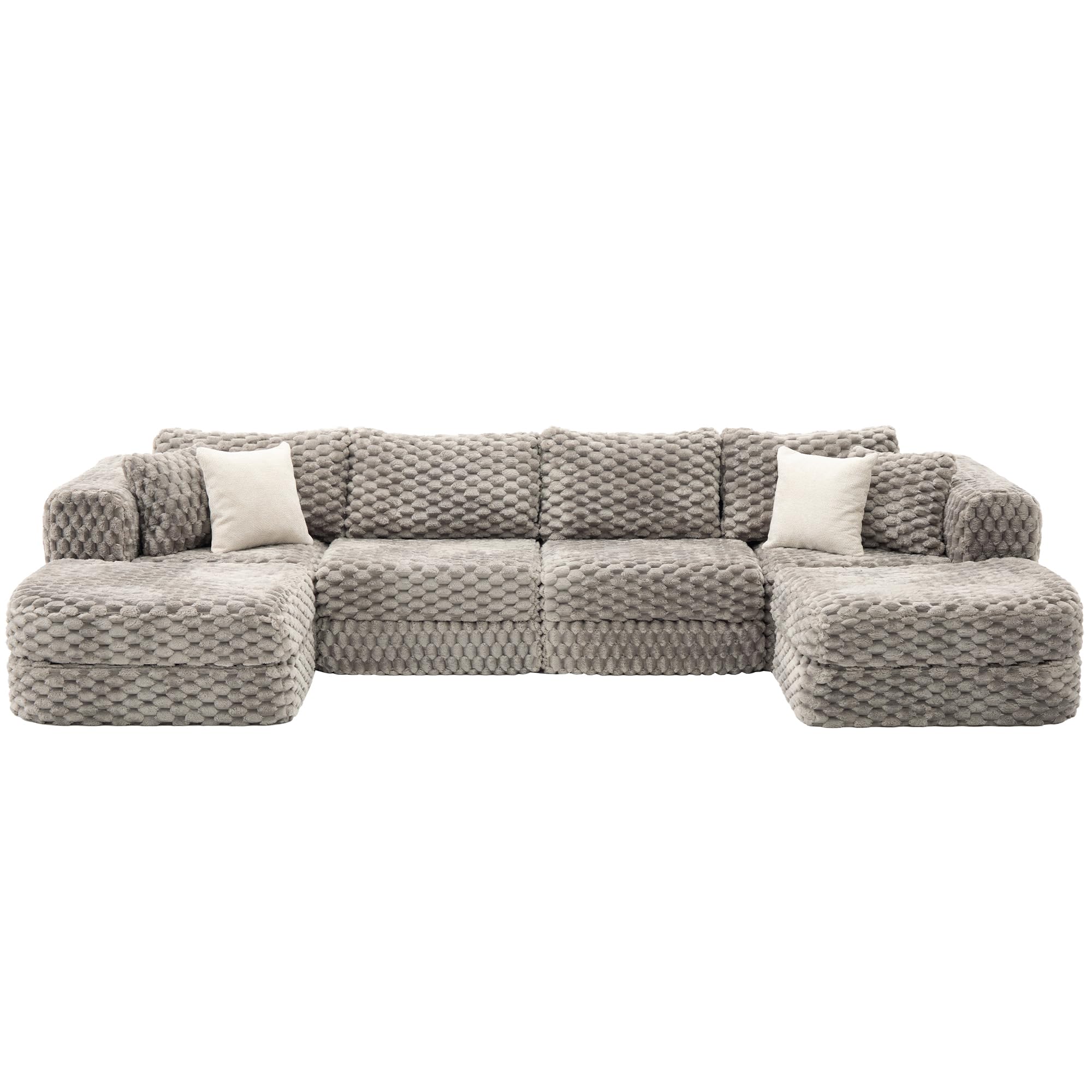 Merax 135.4 Inch Modular Sectional Sofa with 2 Movable Ottomans, Bubble Velvet U-Shape Convertible Couch for Living Room, Reversible Chaise, Includes 4 Throw Pillows, Grey