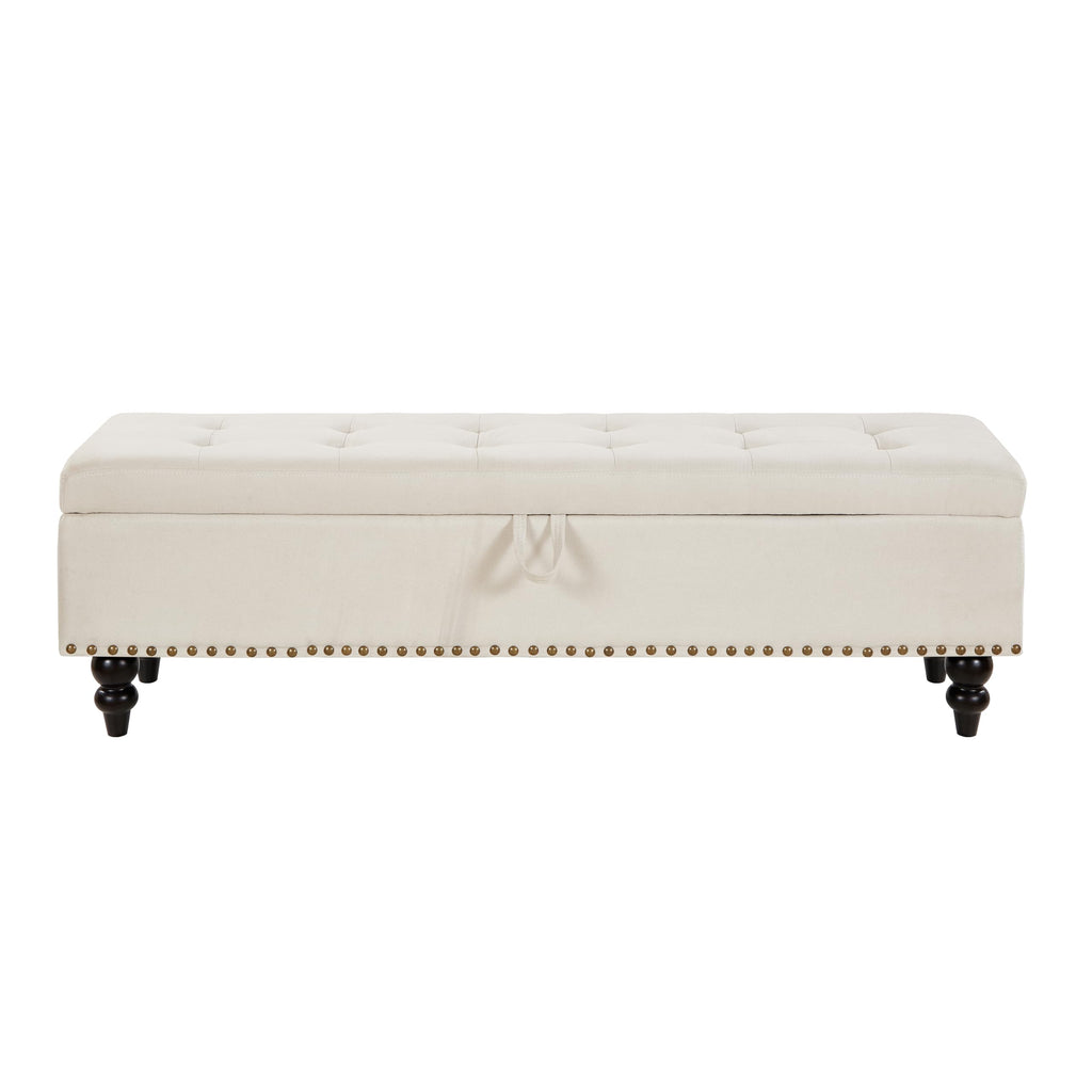 GDFStudio 59" Mid-Century Modern Rectangle Storage Ottoman Bench, Button Tufted Lift-Top Linen Ottoman Foot Rest with Solid Legs and Nailhead Trim, Upholstered Oversized Pouf for Living Room, Beige