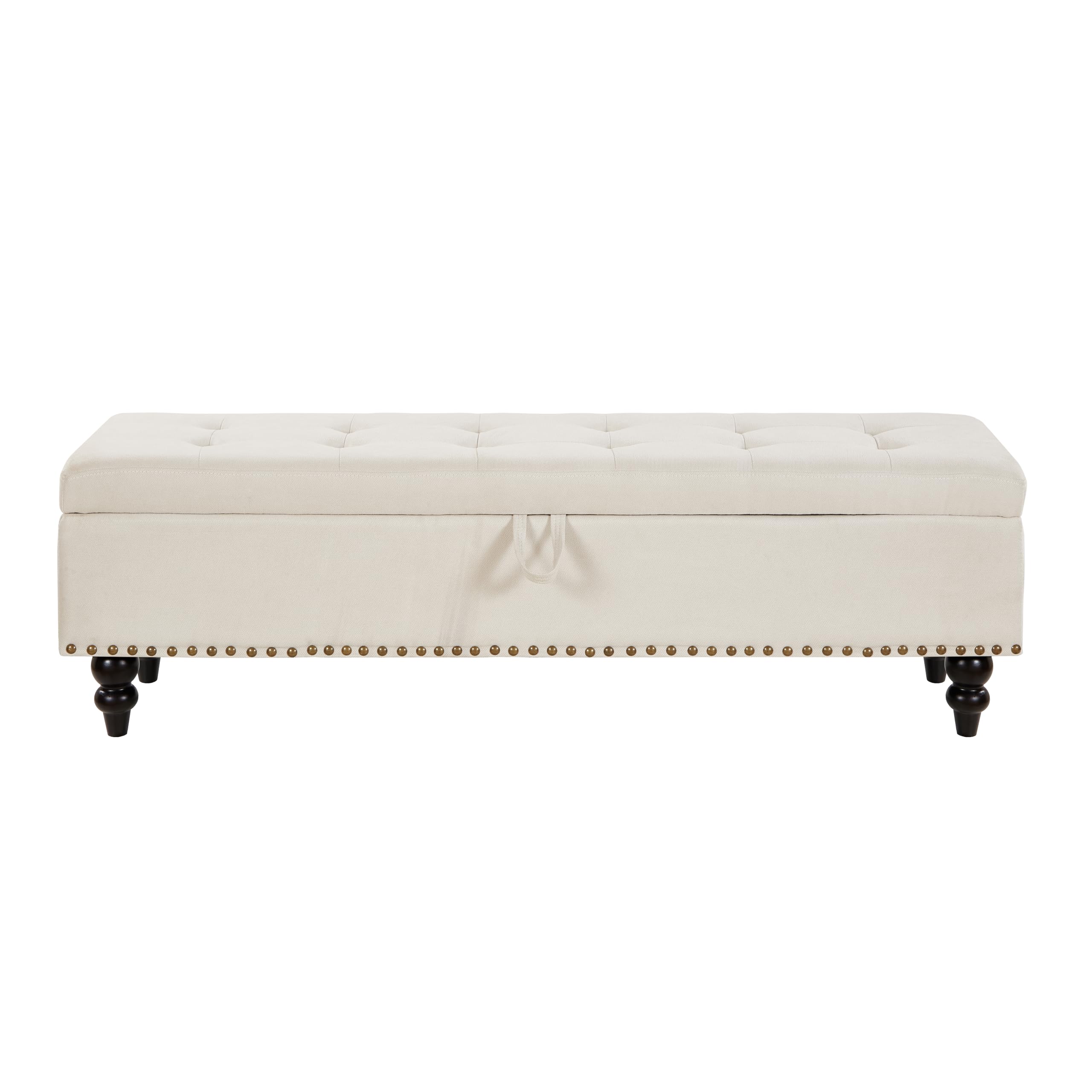 GDFStudio 59" Mid-Century Modern Rectangle Storage Ottoman Bench, Button Tufted Lift-Top Linen Ottoman Foot Rest with Solid Legs and Nailhead Trim, Upholstered Oversized Pouf for Living Room, Beige