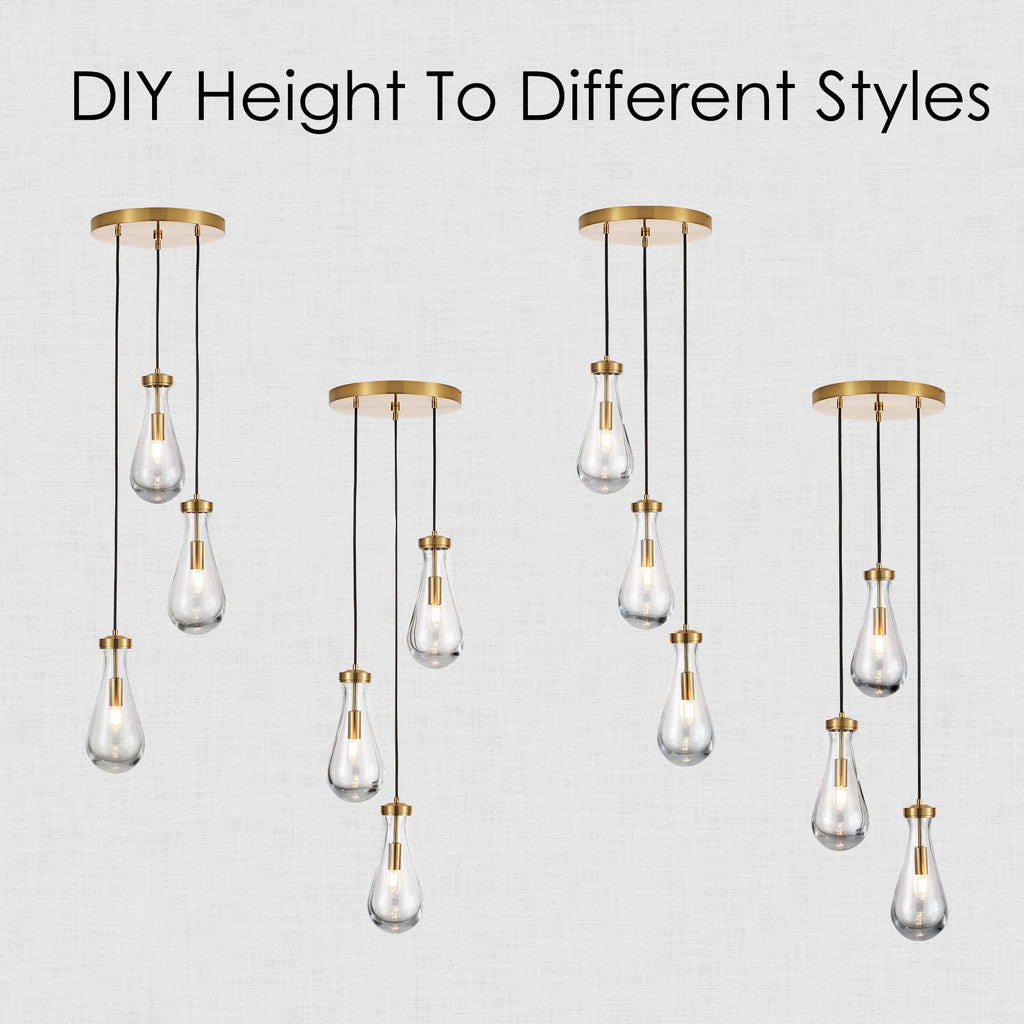 TACDANDM 3-Light Raindrop Pendant Light Fixtures, Brass Glass Pendant Lighting, Teardrops Modern Hanging Light for Entryway Foyer Kitchen Island Dining Living Room Hallway