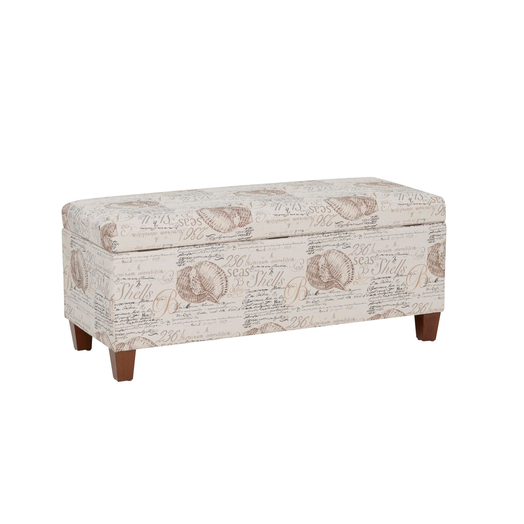 Linon Carmen Ivory and Beige Seashell Upholstered Lift Top Storage Ottoman with Wooden Feet