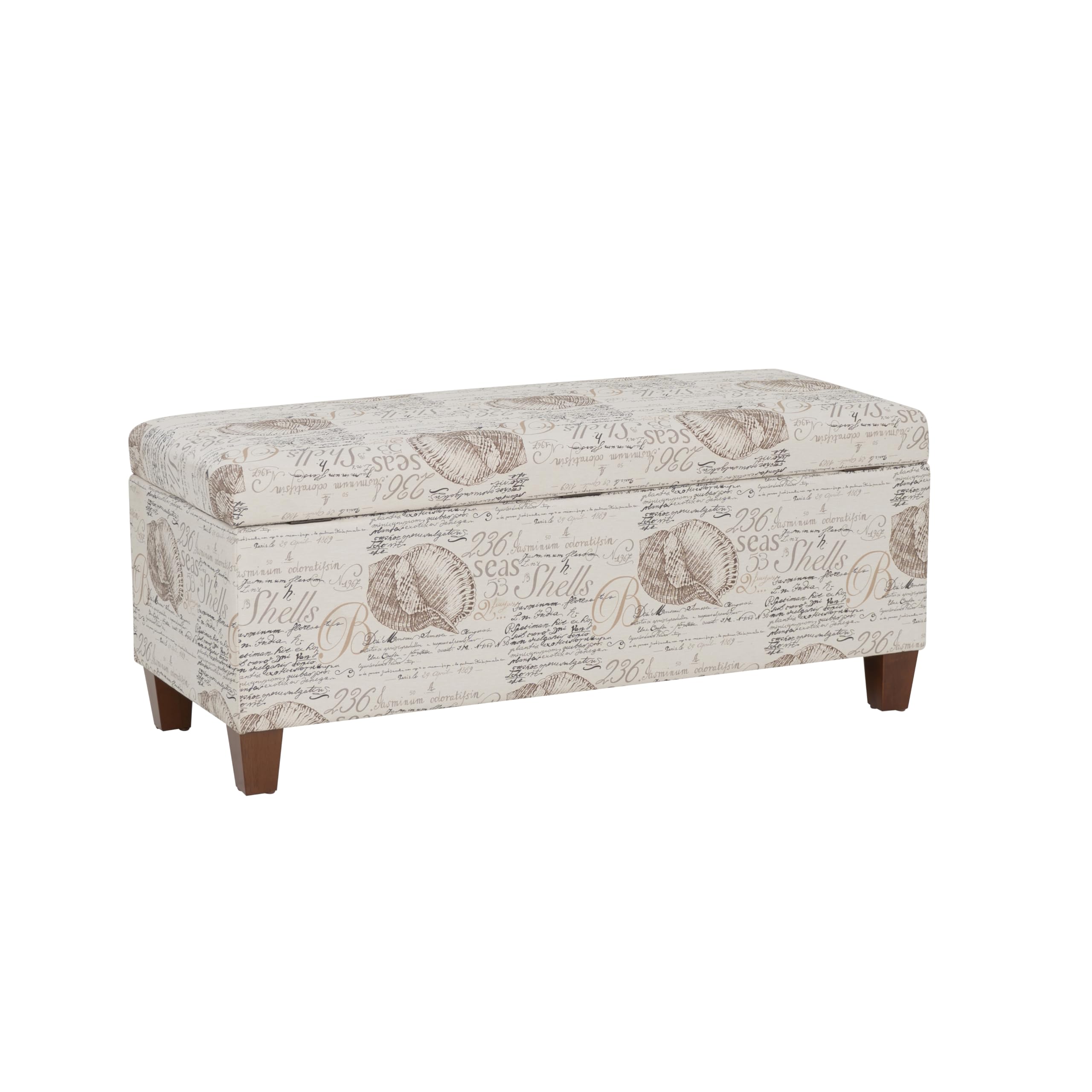 Linon Carmen Ivory and Beige Seashell Upholstered Lift Top Storage Ottoman with Wooden Feet