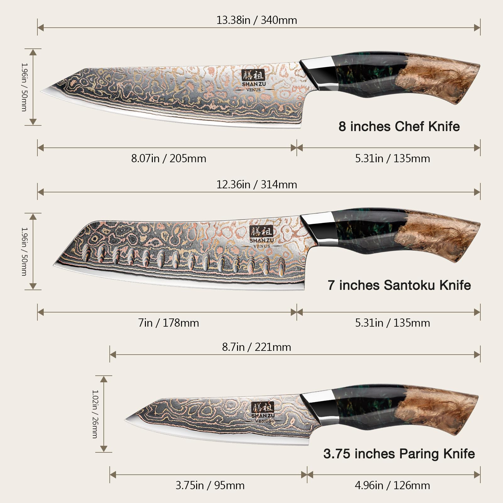 SHAN ZU Damascus Knife Set, Copper & Damascus Steel Japanese Kitchen Knives, High Carbon 33 Layer Hand Forged Utility Knife Professional Sharp Kitchen Knife with Maple Wood Handle