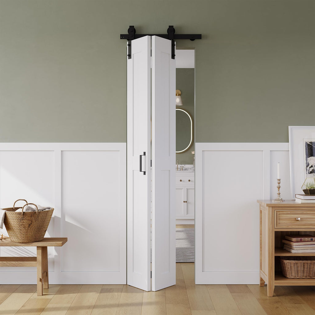 Bifold Barn Door 24" x 84", MDF Bi-Fold Sliding Closet Doors with Hardware Kit Included, Pre-Finished Easy Assembly, Water-Proof PVC Surface & Save Space, H-Frame, 28" Track for 2 Doors,White