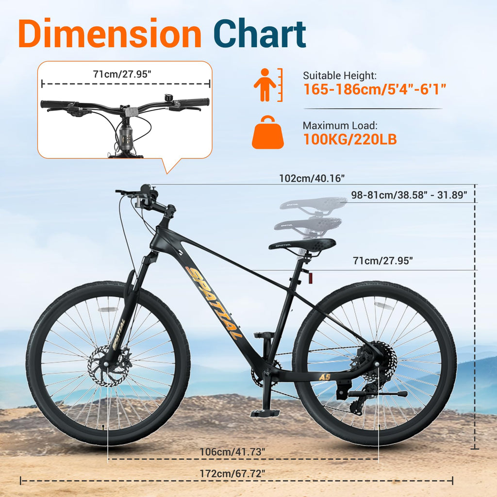 SPATIAL Mountain Bike/Fat Tire, 24/26/27.5/29 Inch Outdoor Cycling Bike, 8/21 Speed Lightweight Aluminum Frame | Dual Disc Brakes, Adjustable Ergonomic Seat for Adult Teens (Black, 27.5'')